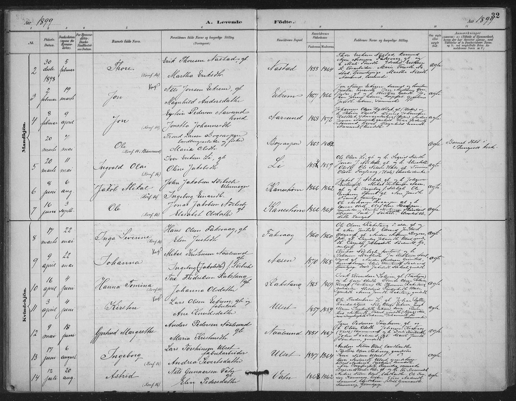 Ministerialprotokoller, klokkerbøker og fødselsregistre - Møre og Romsdal, AV/SAT-A-1454/587/L1000: Parish register (official) no. 587A02, 1887-1910, p. 32