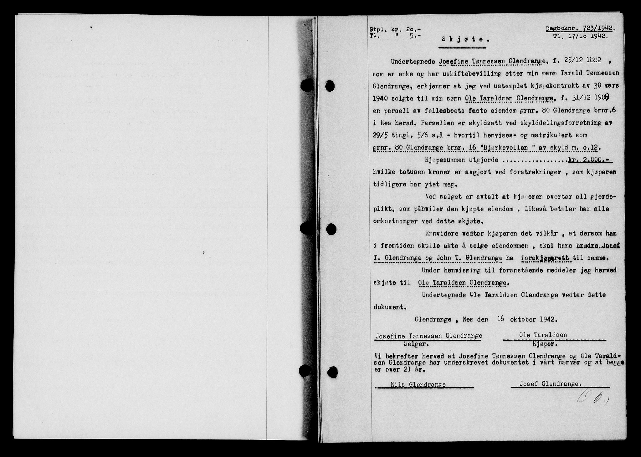 Flekkefjord sorenskriveri, SAK/1221-0001/G/Gb/Gba/L0058: Mortgage book no. A-6, 1942-1944, Diary no: : 723/1942