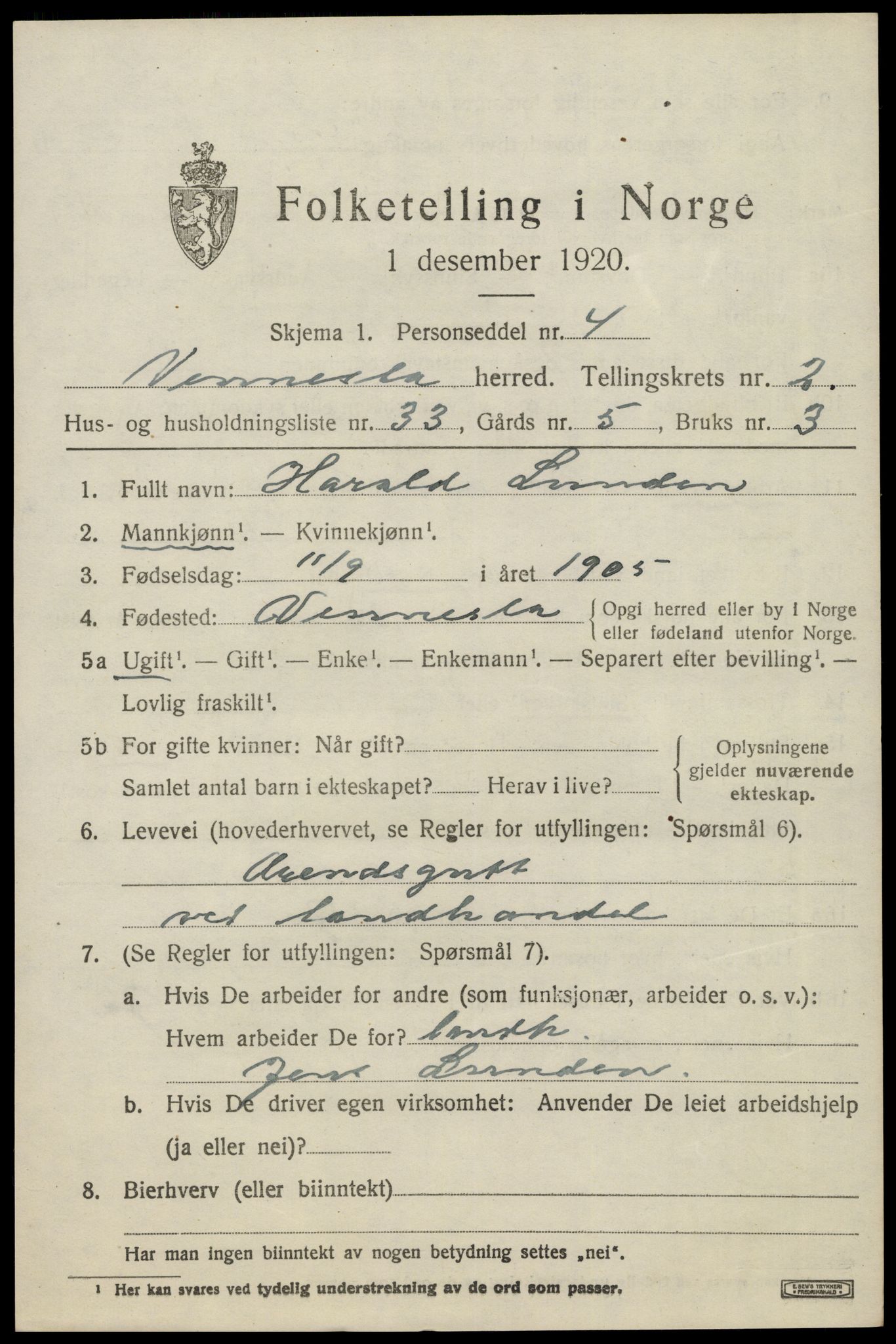 SAK, 1920 census for Vennesla, 1920, p. 1918