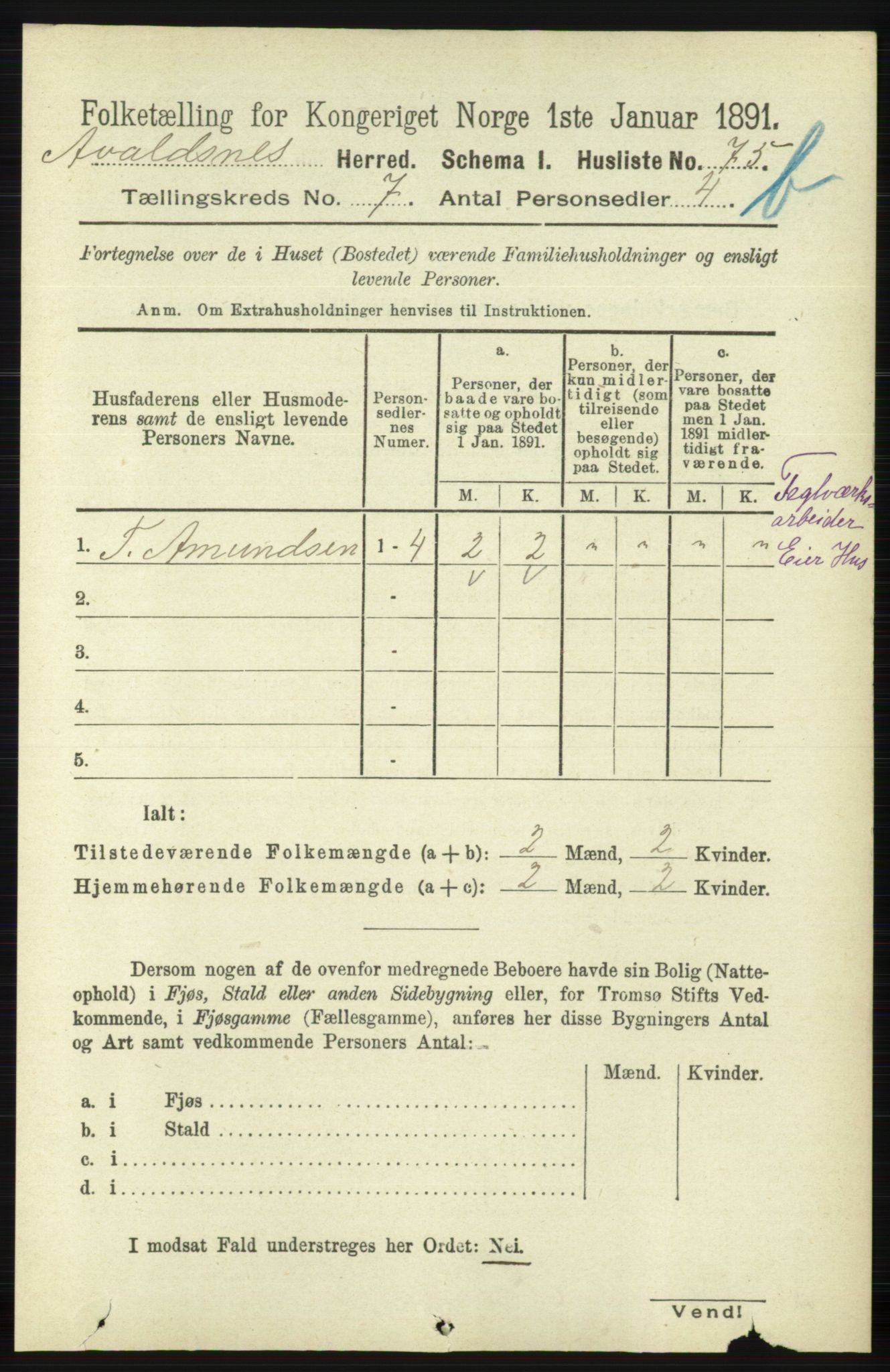 RA, 1891 census for 1147 Avaldsnes, 1891, p. 3657