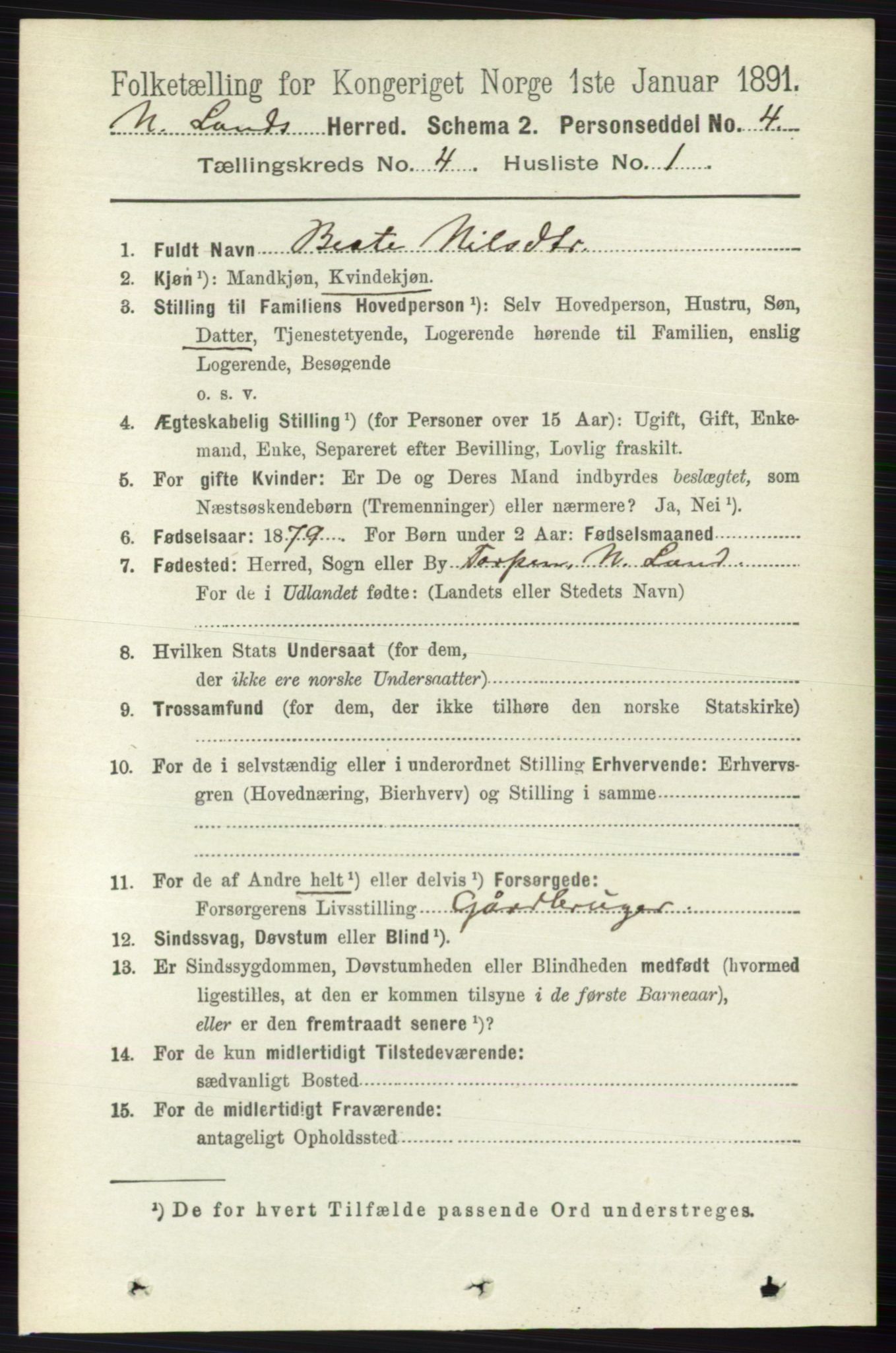 RA, 1891 census for 0538 Nordre Land, 1891, p. 1347