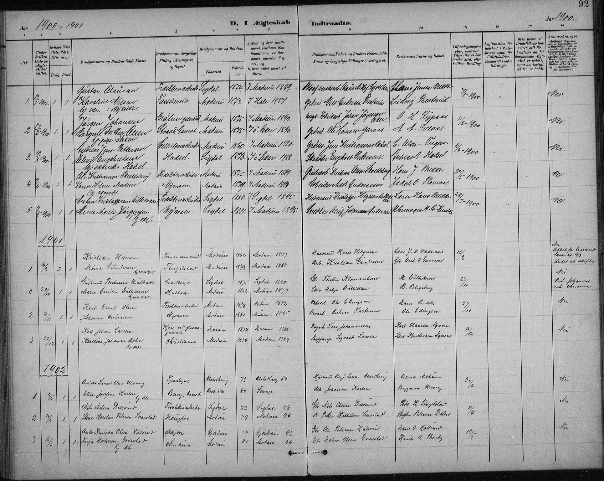 Modum kirkebøker, AV/SAKO-A-234/F/Fa/L0017: Parish register (official) no. 17, 1900-1915, p. 92