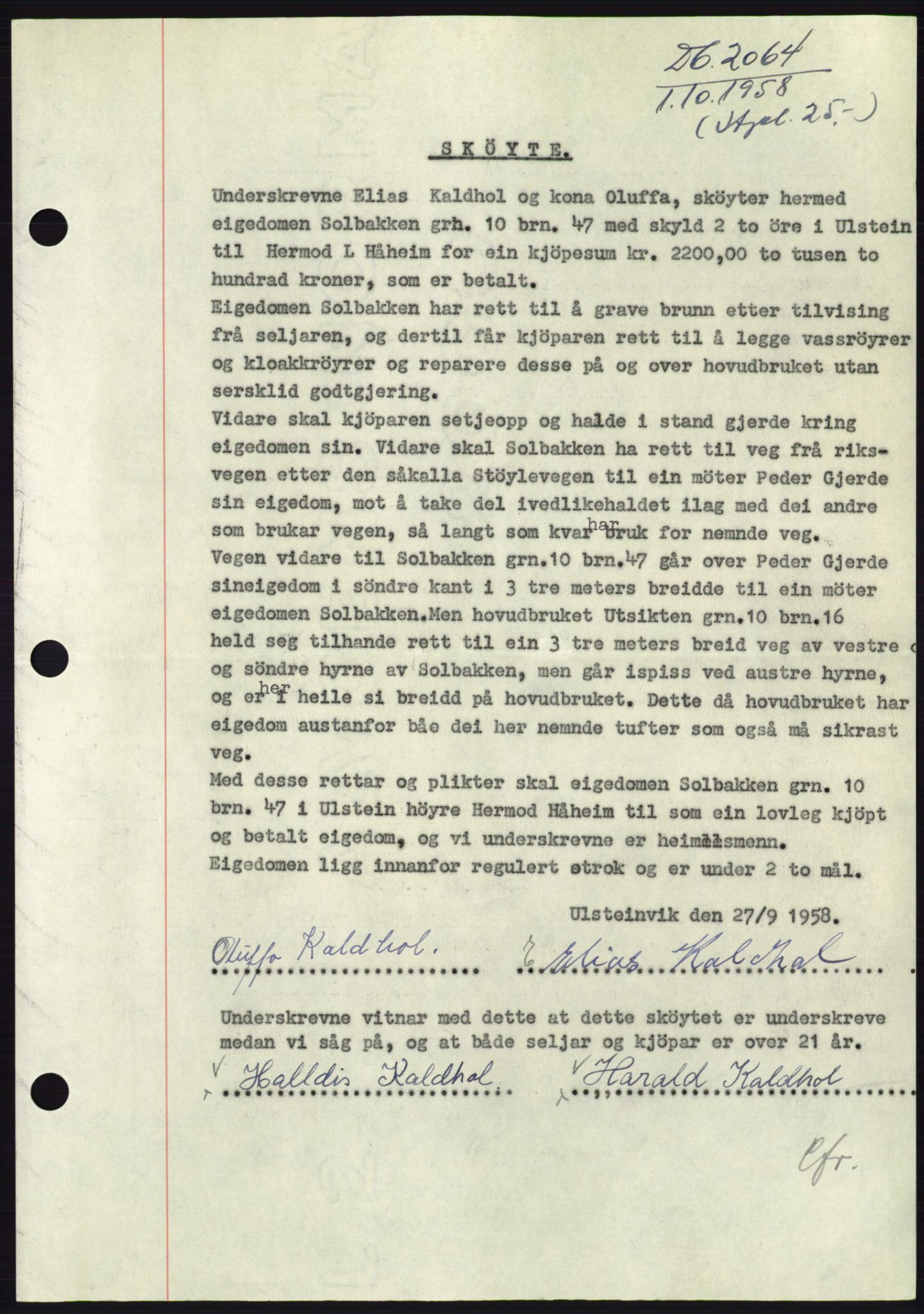 Søre Sunnmøre sorenskriveri, AV/SAT-A-4122/1/2/2C/L0110: Mortgage book no. 36A, 1958-1958, Diary no: : 2064/1958