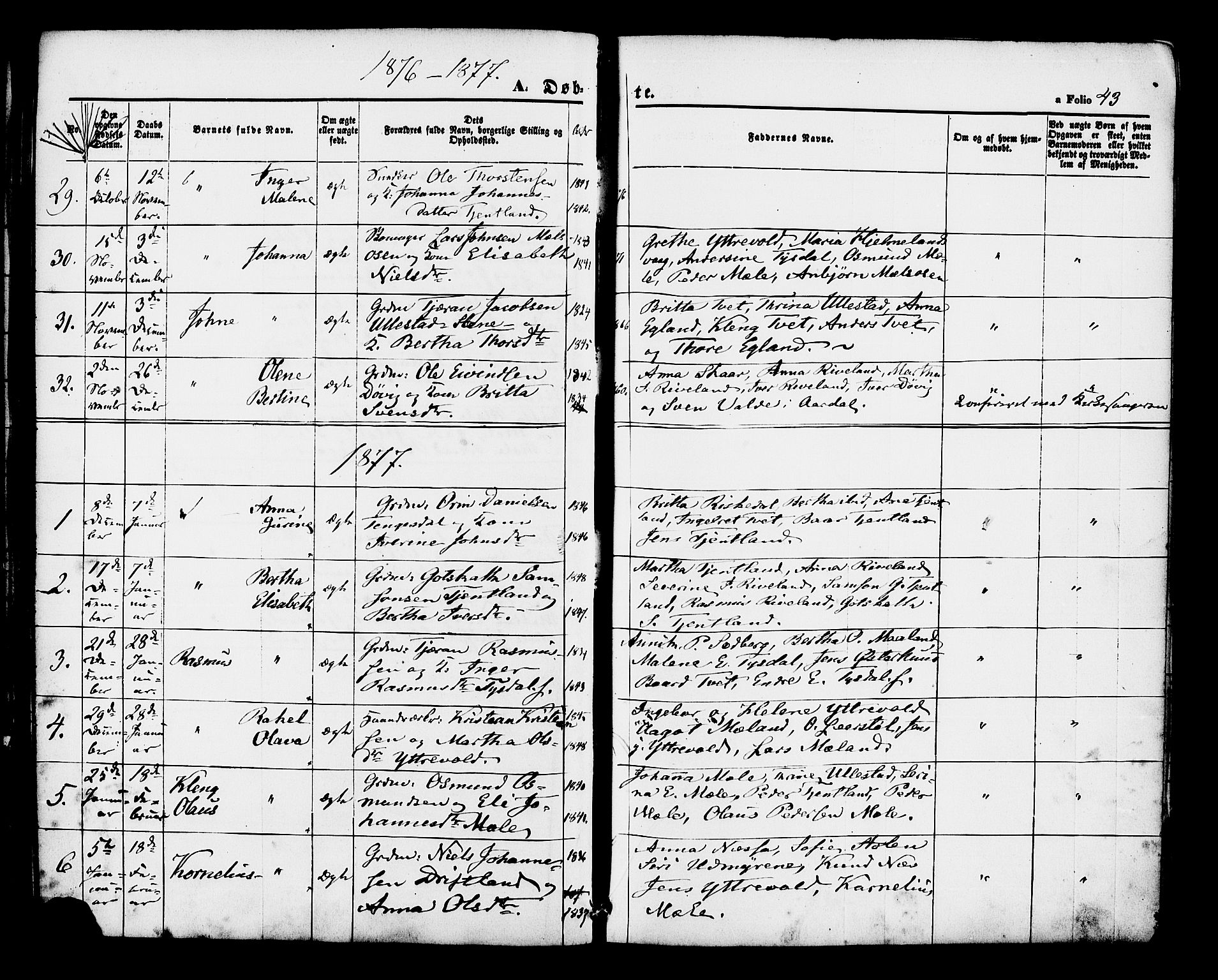 Hjelmeland sokneprestkontor, AV/SAST-A-101843/01/IV/L0012: Parish register (official) no. A 12, 1862-1886, p. 43