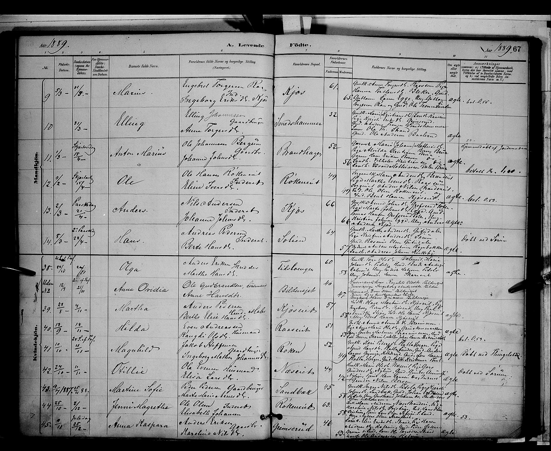 Gran prestekontor, SAH/PREST-112/H/Ha/Hab/L0003: Parish register (copy) no. 3, 1882-1890, p. 67