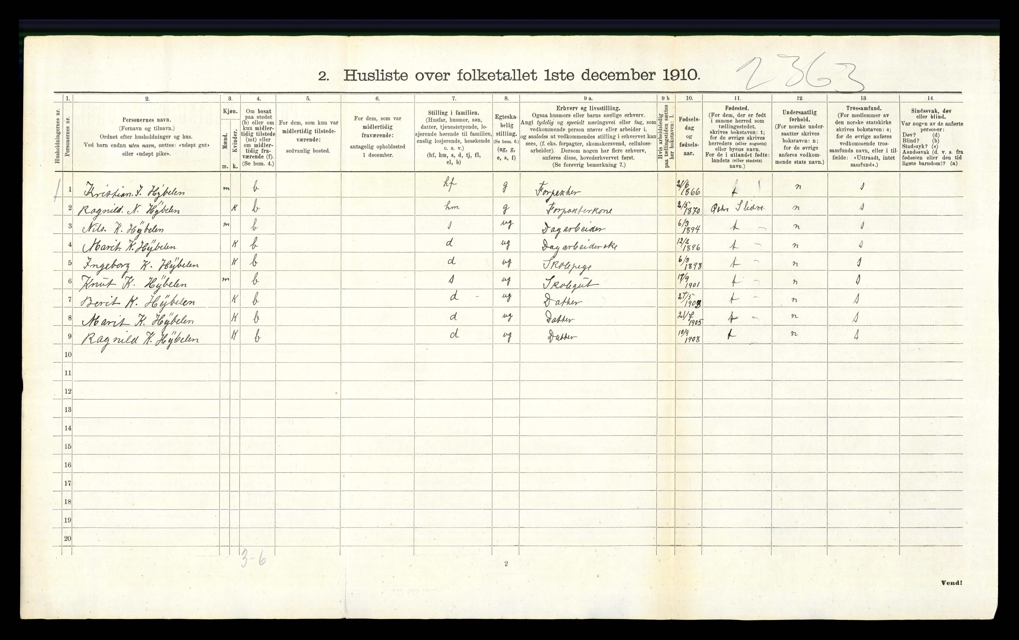 RA, 1910 census for Vestre Slidre, 1910, p. 576