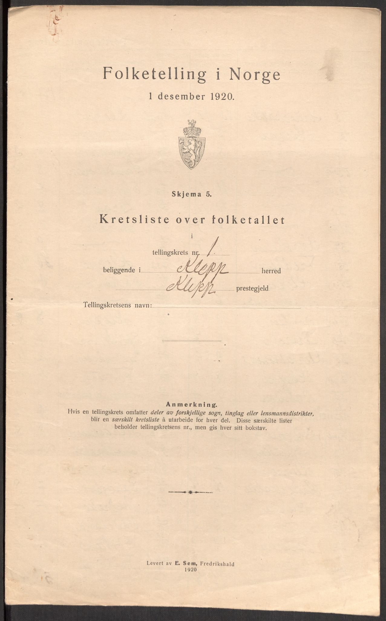 SAST, 1920 census for Klepp, 1920, p. 7