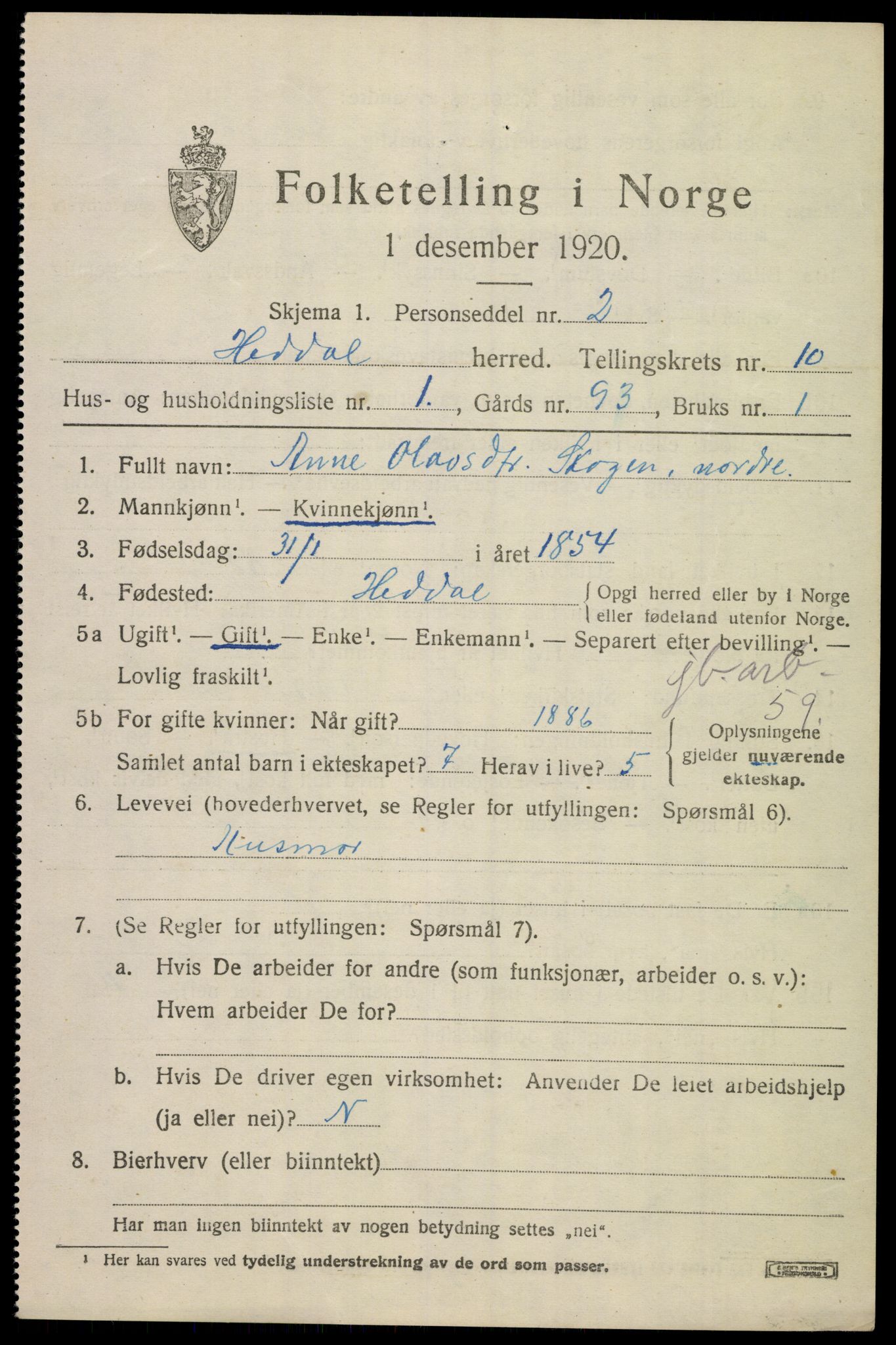 SAKO, 1920 census for Heddal, 1920, p. 6986