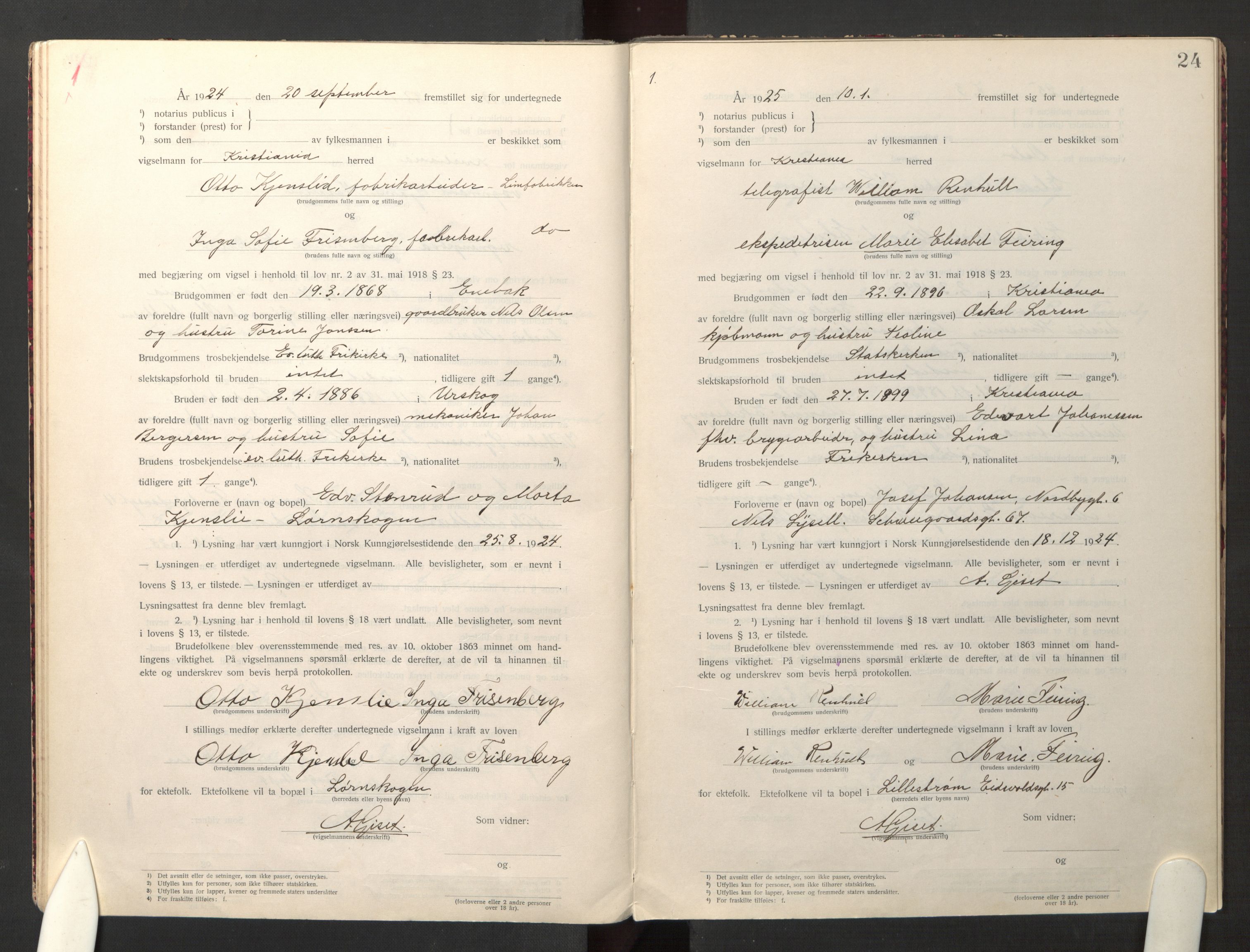 Den evangelisk-lutherske frikirke østre menighet, Oslo, AV/SAO-PAO-0245/F/L0005: Marriage register (dissenter) no. 5, 1920-1941, p. 24