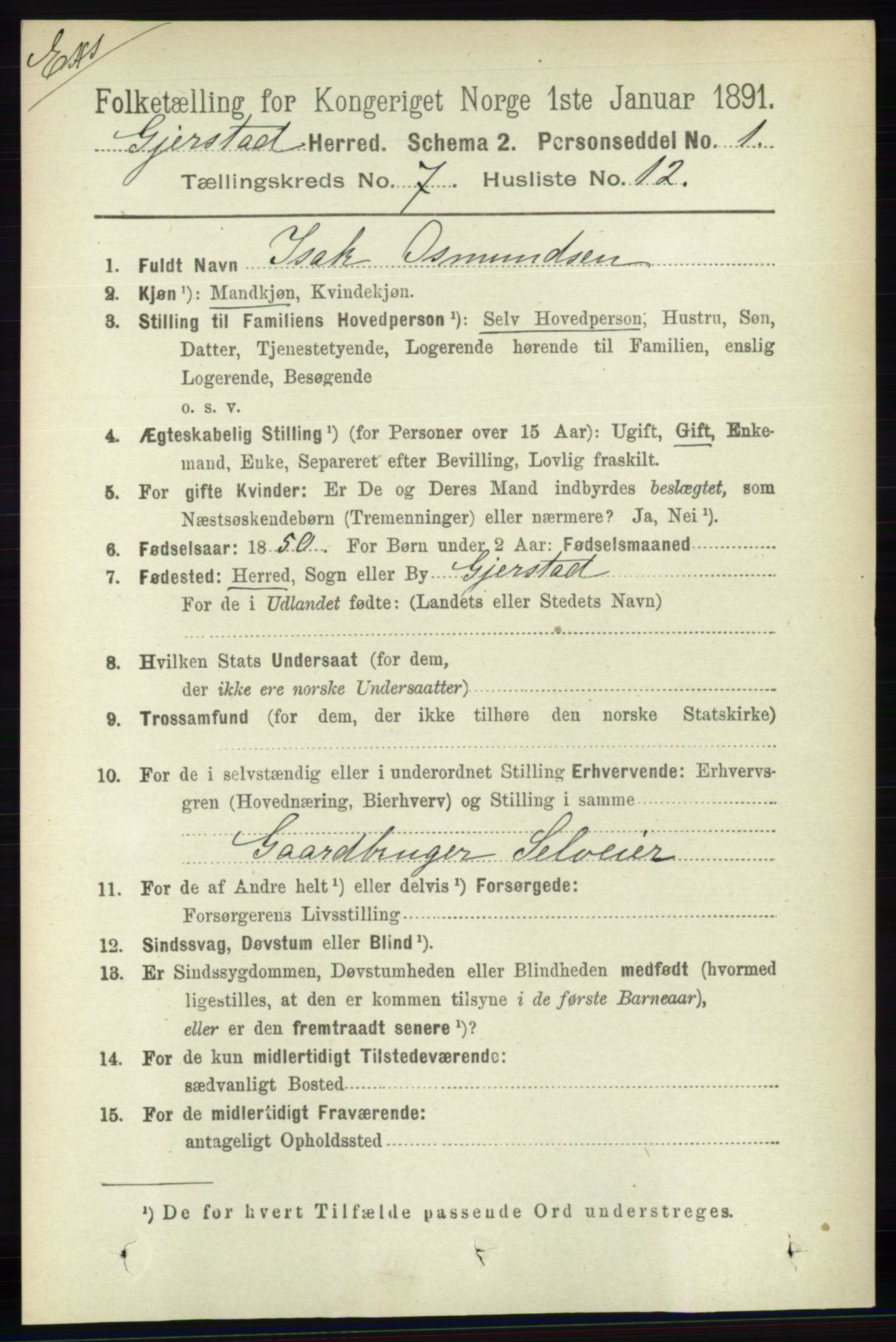 RA, Census 1891 for Nedenes amt: Gjenparter av personsedler for beslektede ektefeller, menn, 1891, p. 93