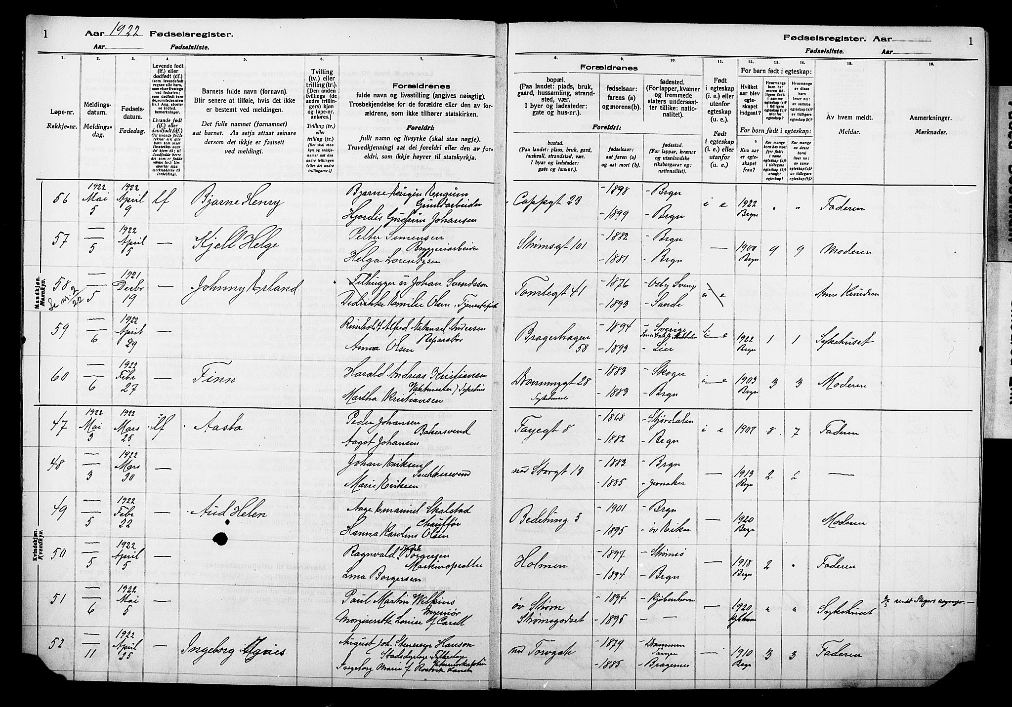 Bragernes kirkebøker, AV/SAKO-A-6/J/Ja/L0002: Birth register no. 2, 1922-1930, p. 1