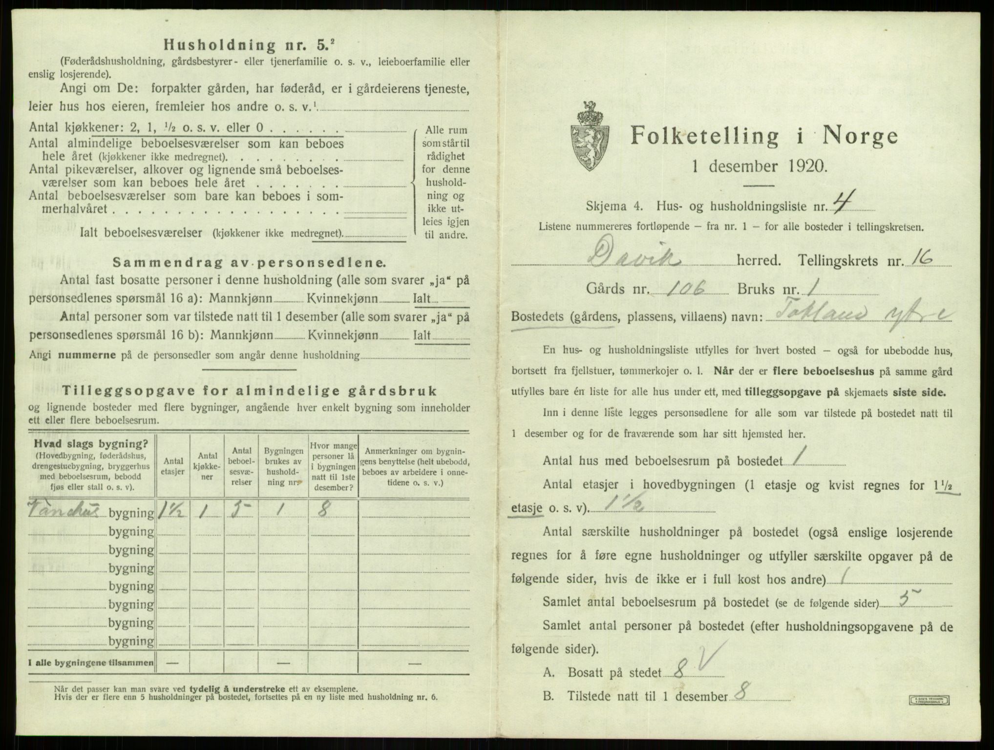 SAB, 1920 census for Davik, 1920, p. 1019