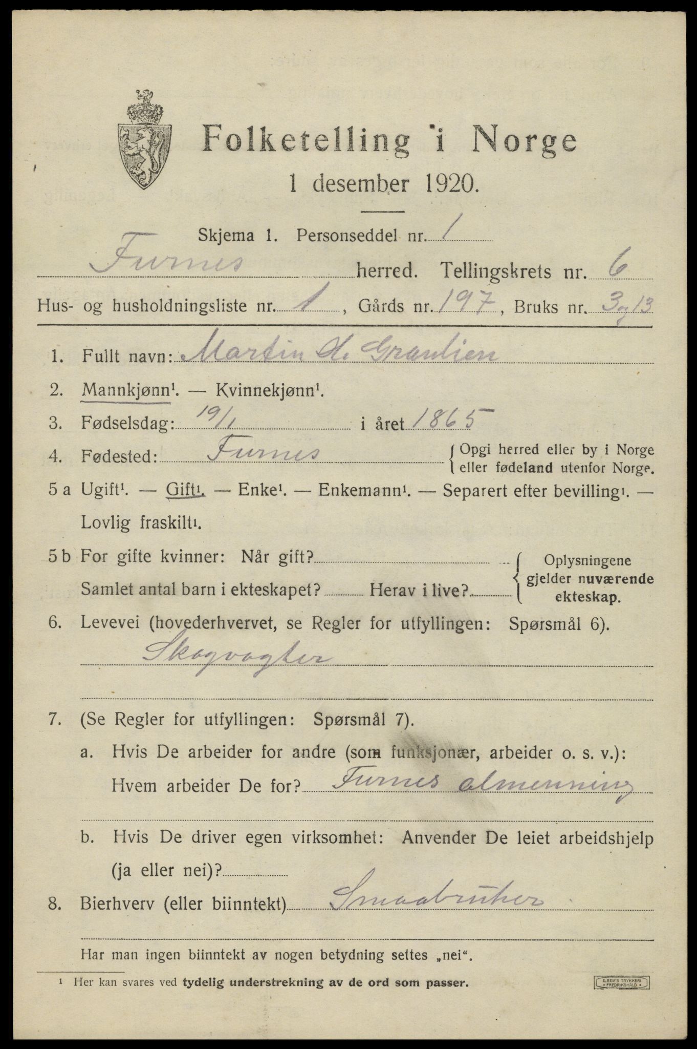 SAH, 1920 census for Furnes, 1920, p. 9615