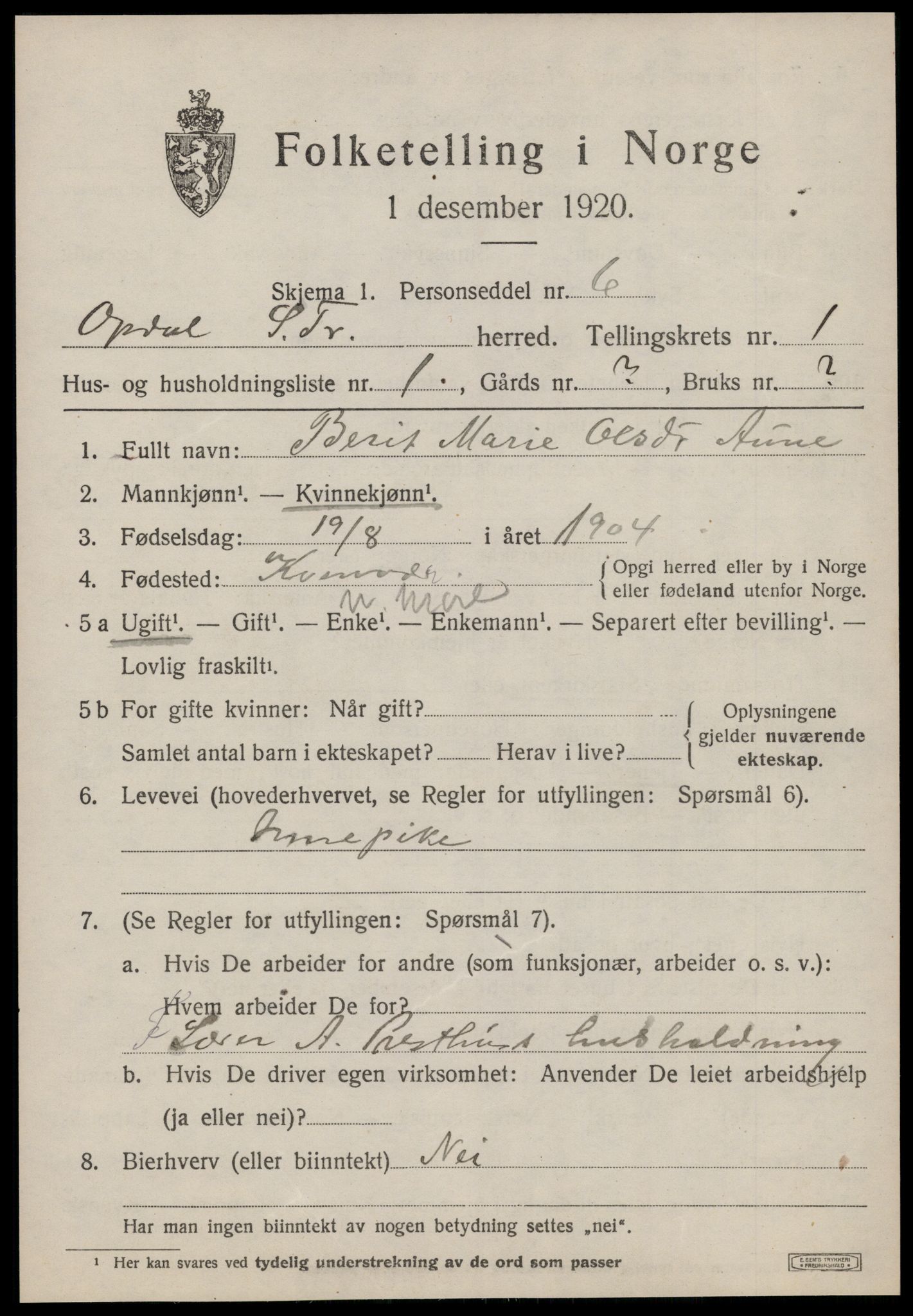 SAT, 1920 census for Oppdal, 1920, p. 1581