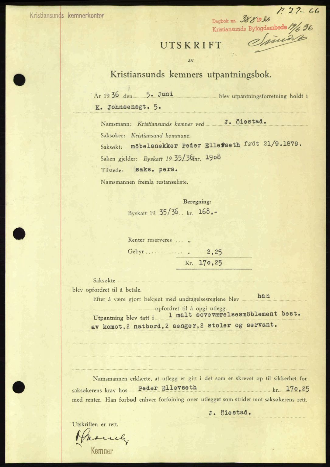 Kristiansund byfogd, AV/SAT-A-4587/A/27: Mortgage book no. 29, 1936-1937, Diary no: : 388/1936