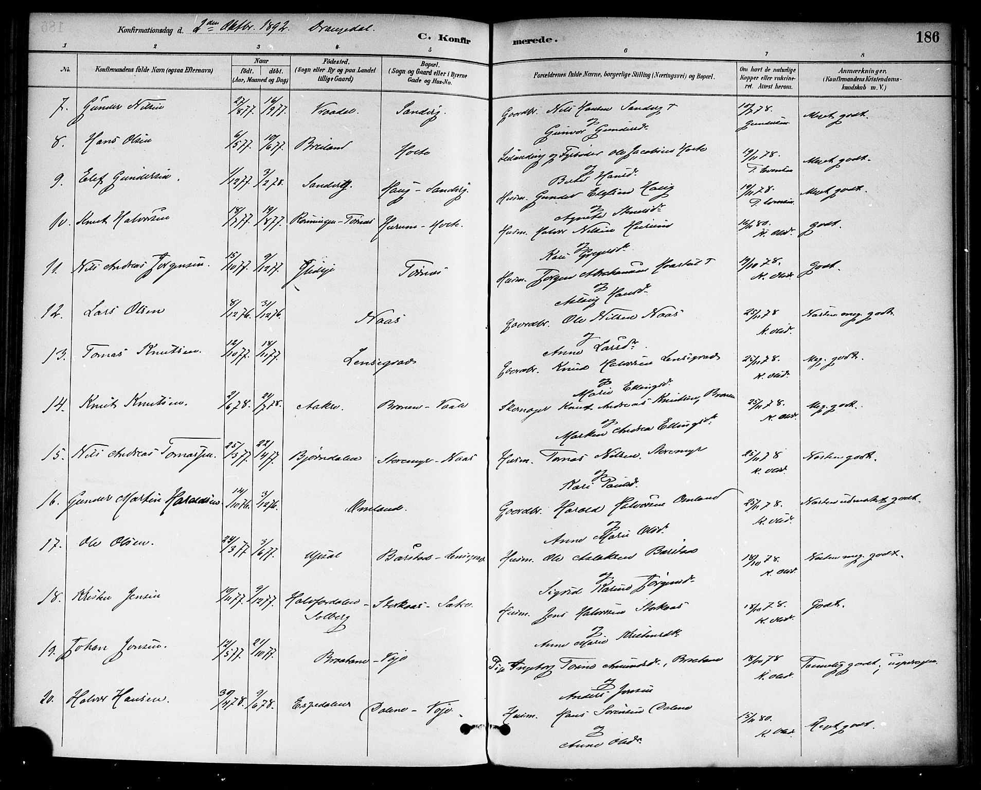 Drangedal kirkebøker, SAKO/A-258/F/Fa/L0010: Parish register (official) no. 10 /1, 1885-1894, p. 186
