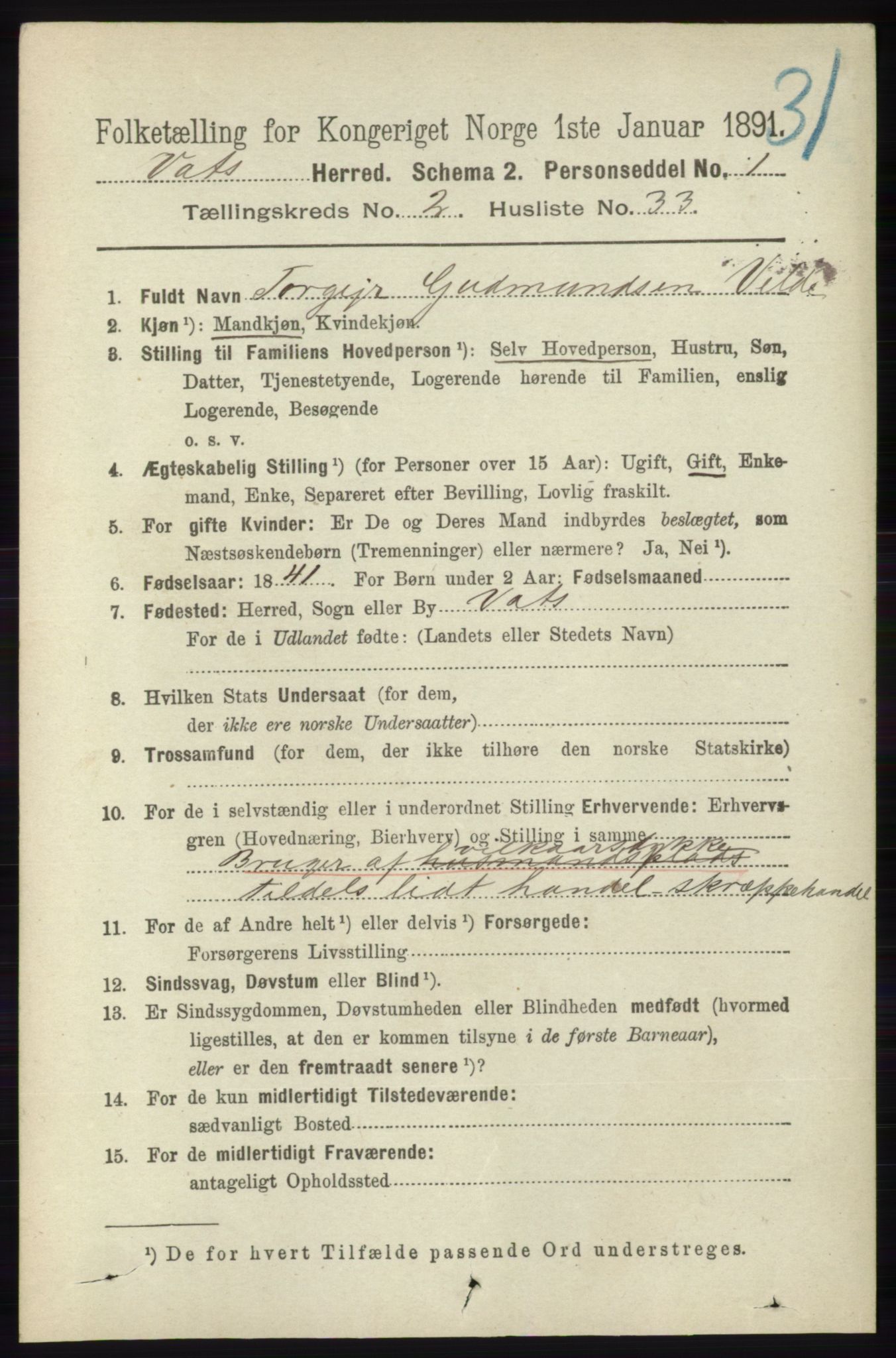 RA, 1891 census for 1155 Vats, 1891, p. 411