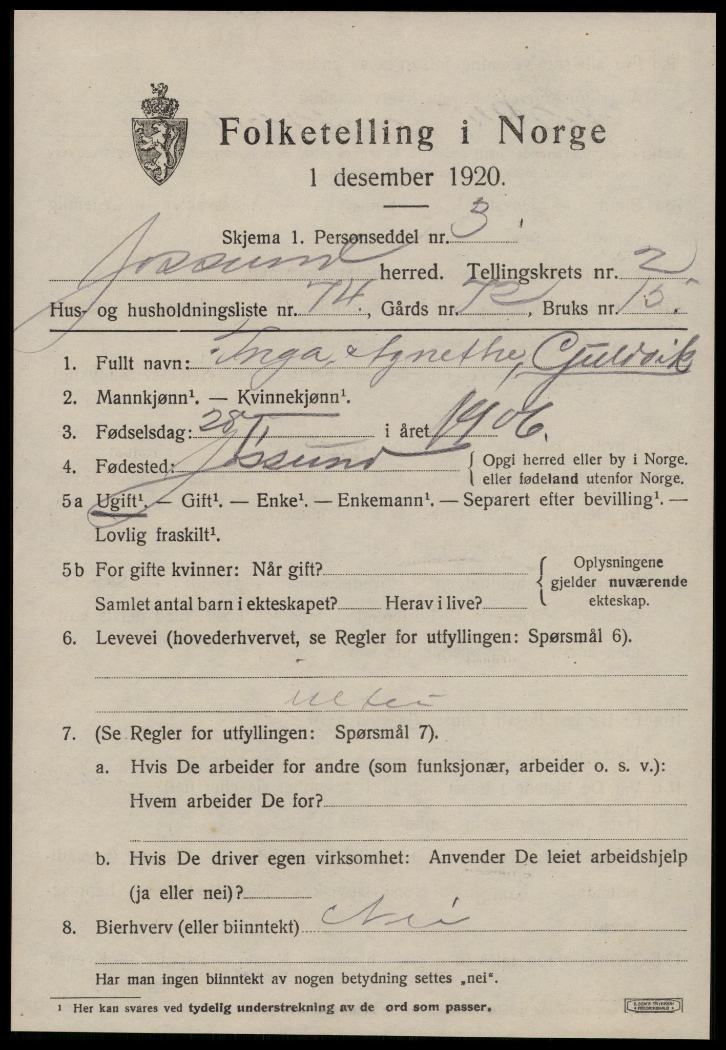 SAT, 1920 census for Jøssund, 1920, p. 2160