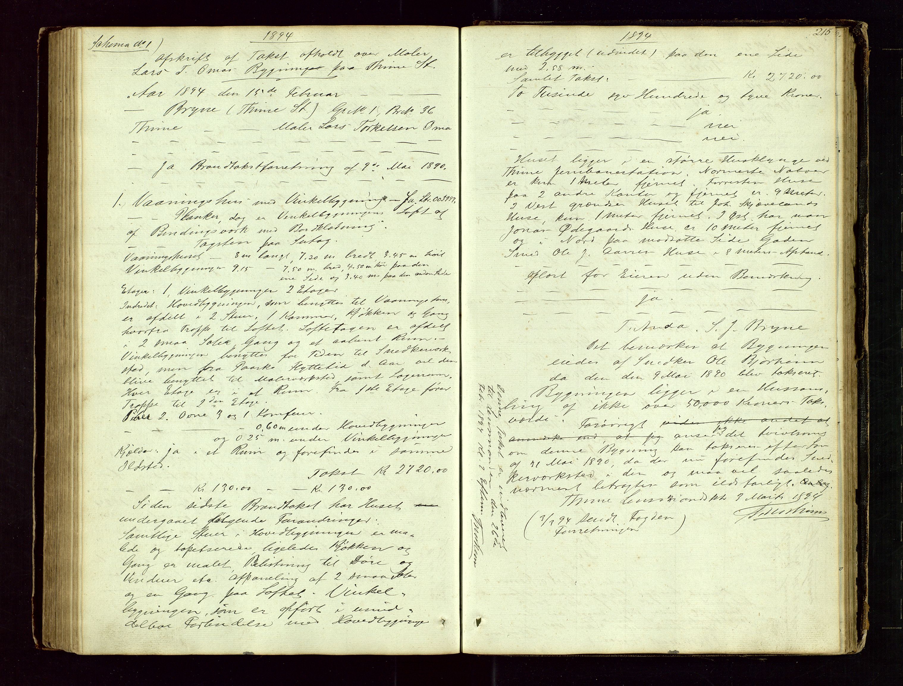 Time lensmannskontor, SAST/A-100420/Goa/L0001: "Brandtaxations-Protocol for Houglands Thinglaug", 1846-1904, p. 214b-215a