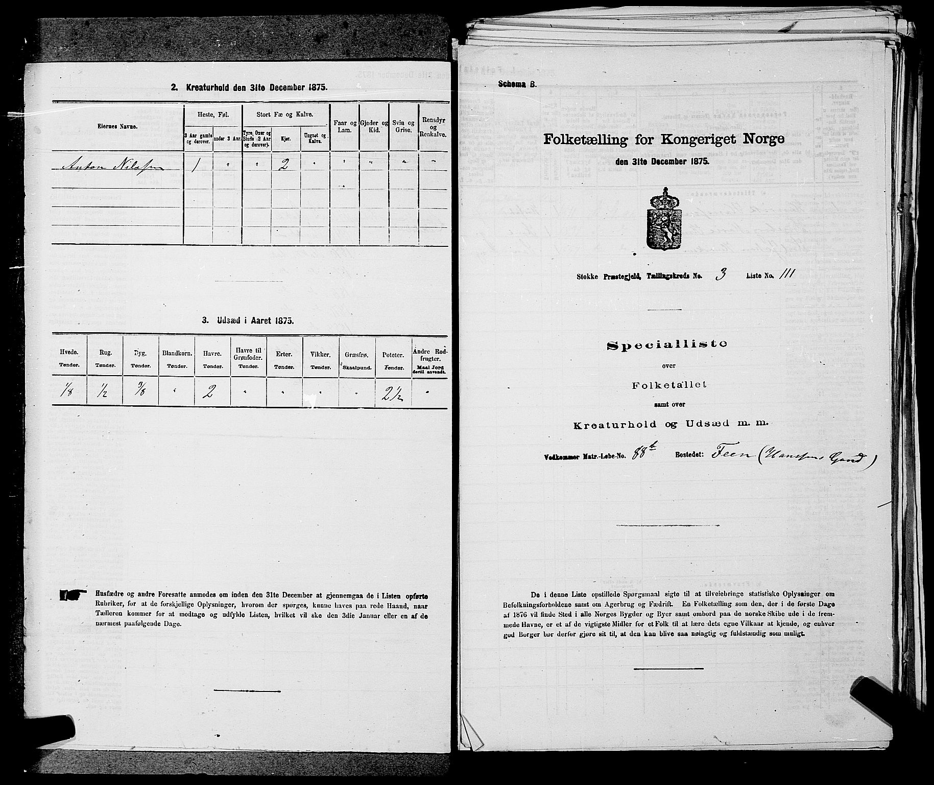 SAKO, 1875 census for 0720P Stokke, 1875, p. 465