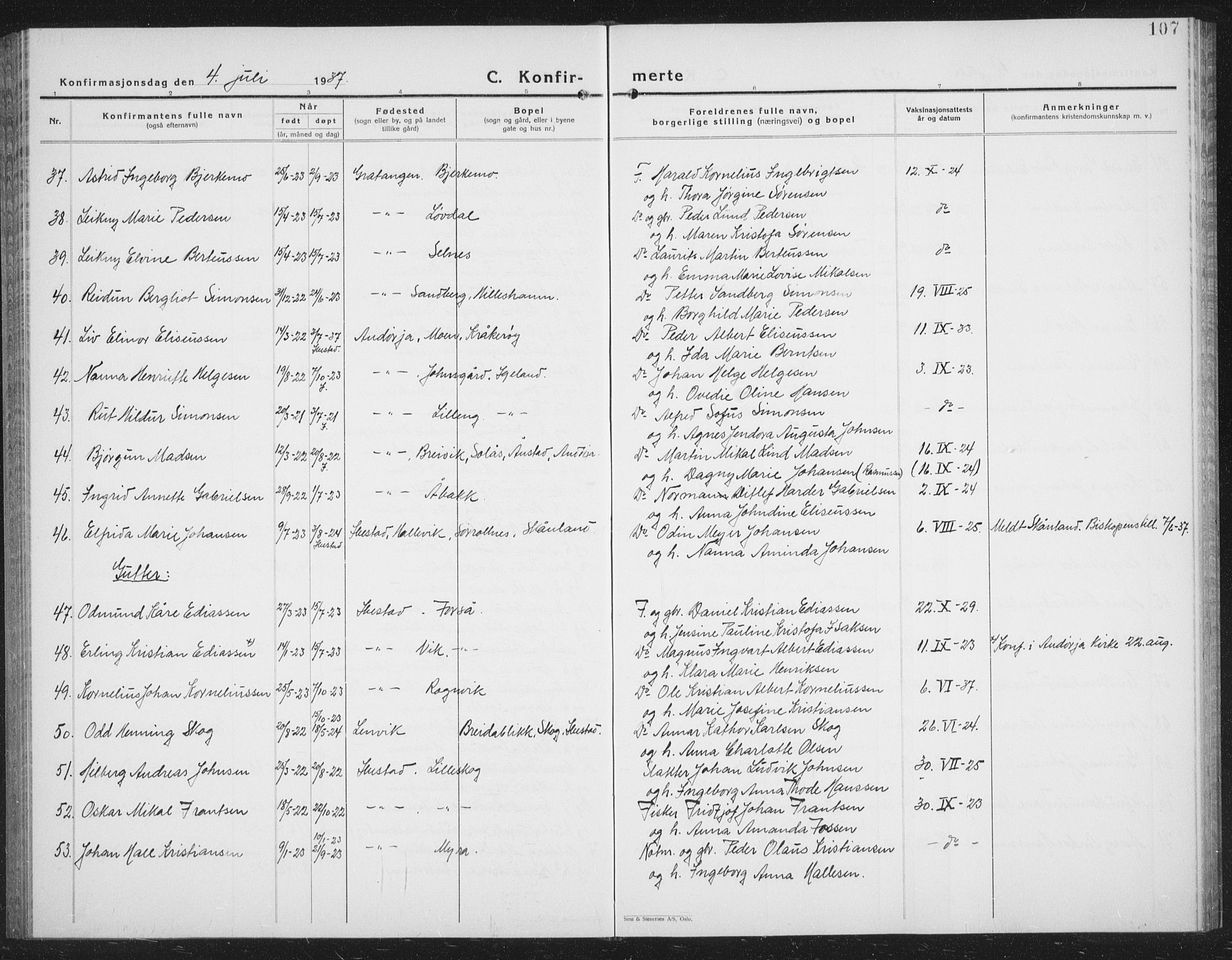 Ibestad sokneprestembete, AV/SATØ-S-0077/H/Ha/Hab/L0011klokker: Parish register (copy) no. 11, 1930-1942, p. 107