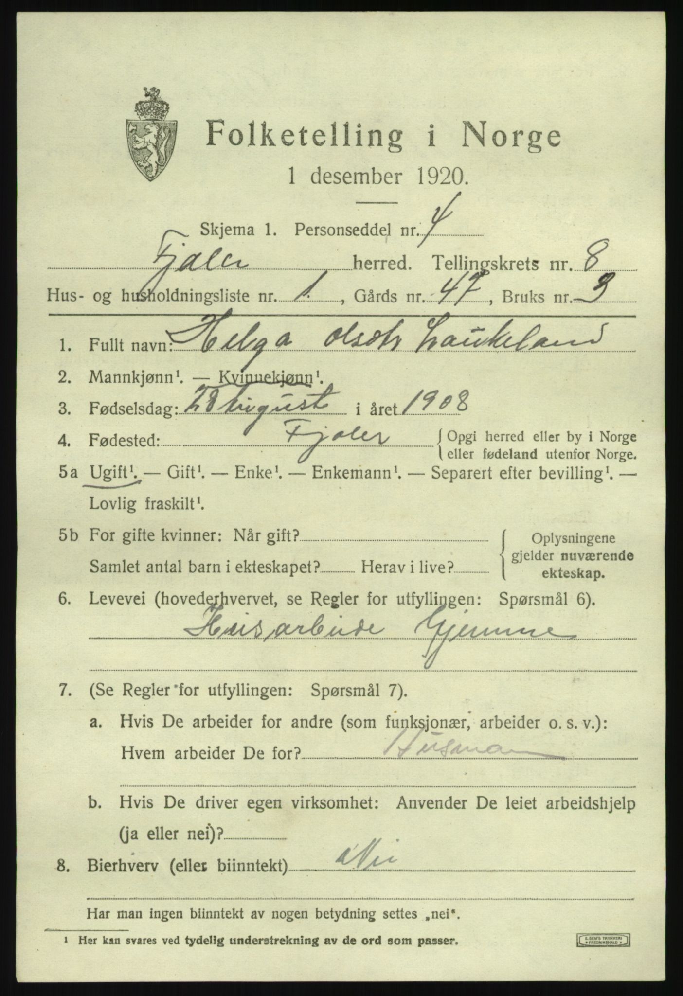 SAB, 1920 census for Fjaler, 1920, p. 4239