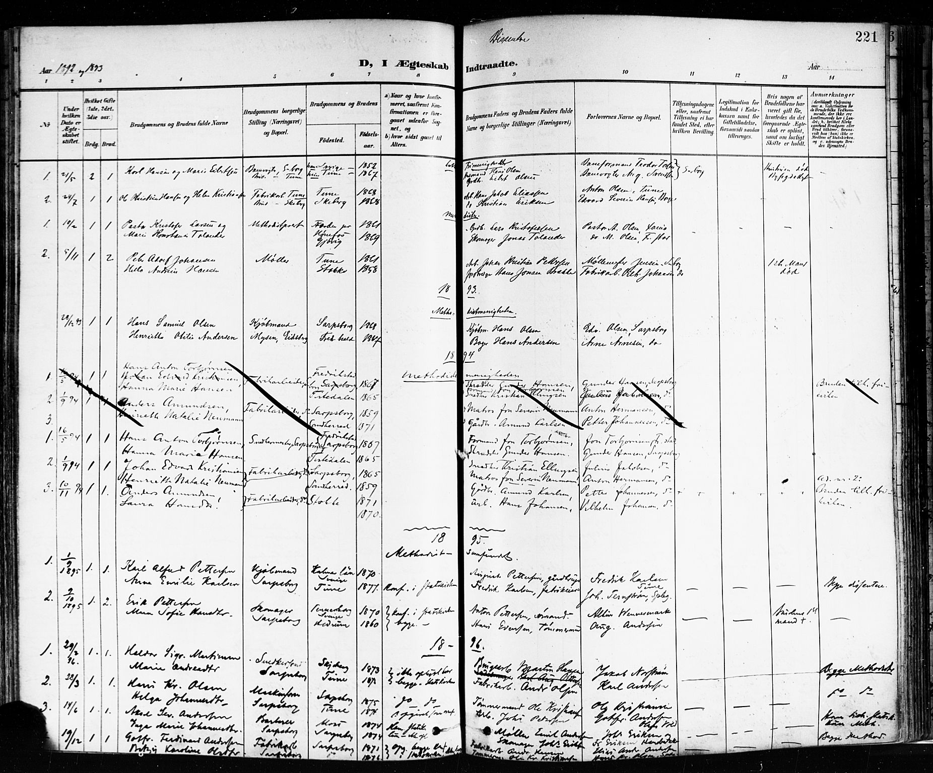 Sarpsborg prestekontor Kirkebøker, AV/SAO-A-2006/F/Fa/L0004: Parish register (official) no. 4, 1892-1899, p. 221