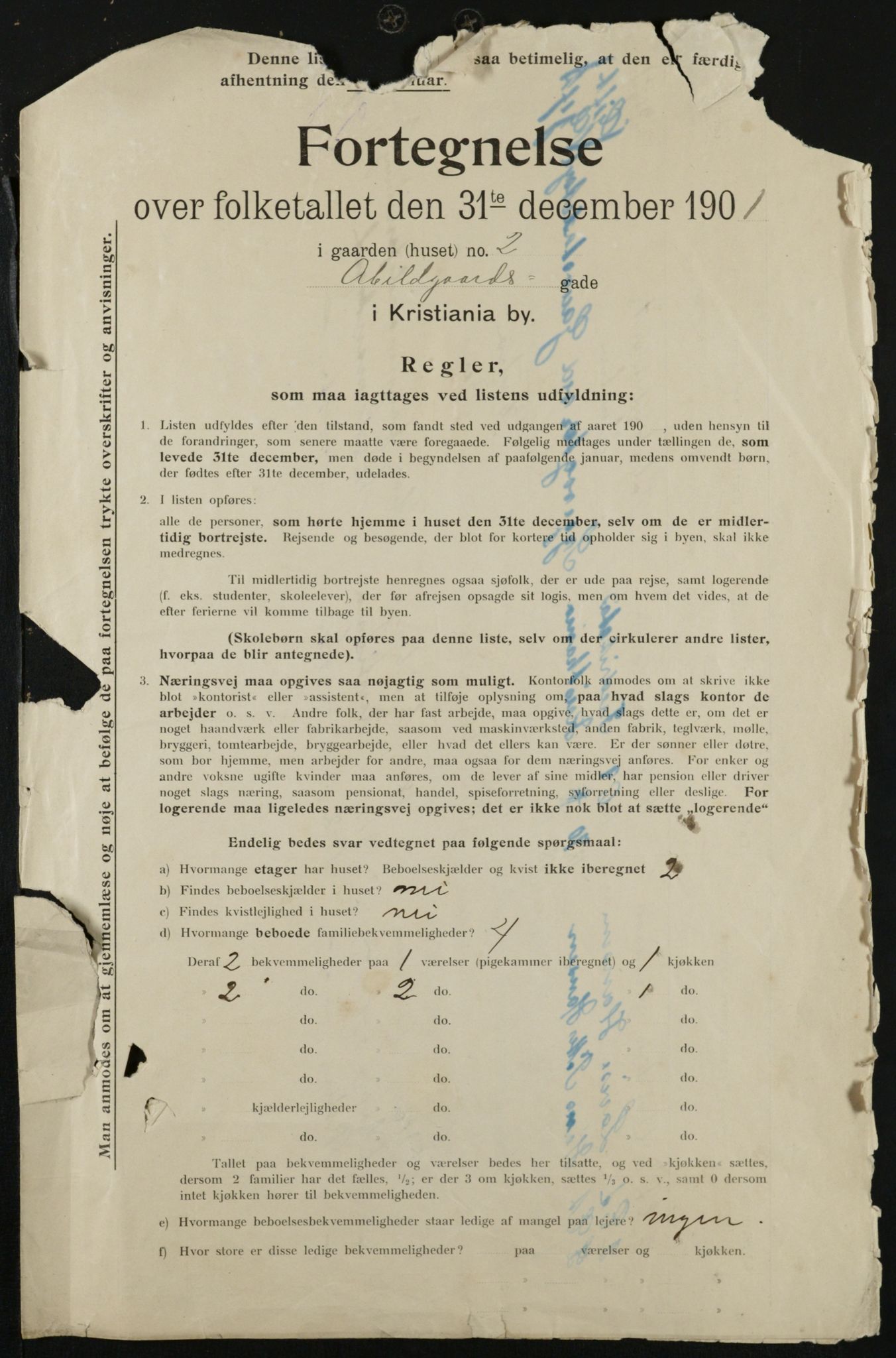 OBA, Municipal Census 1901 for Kristiania, 1901, p. 1