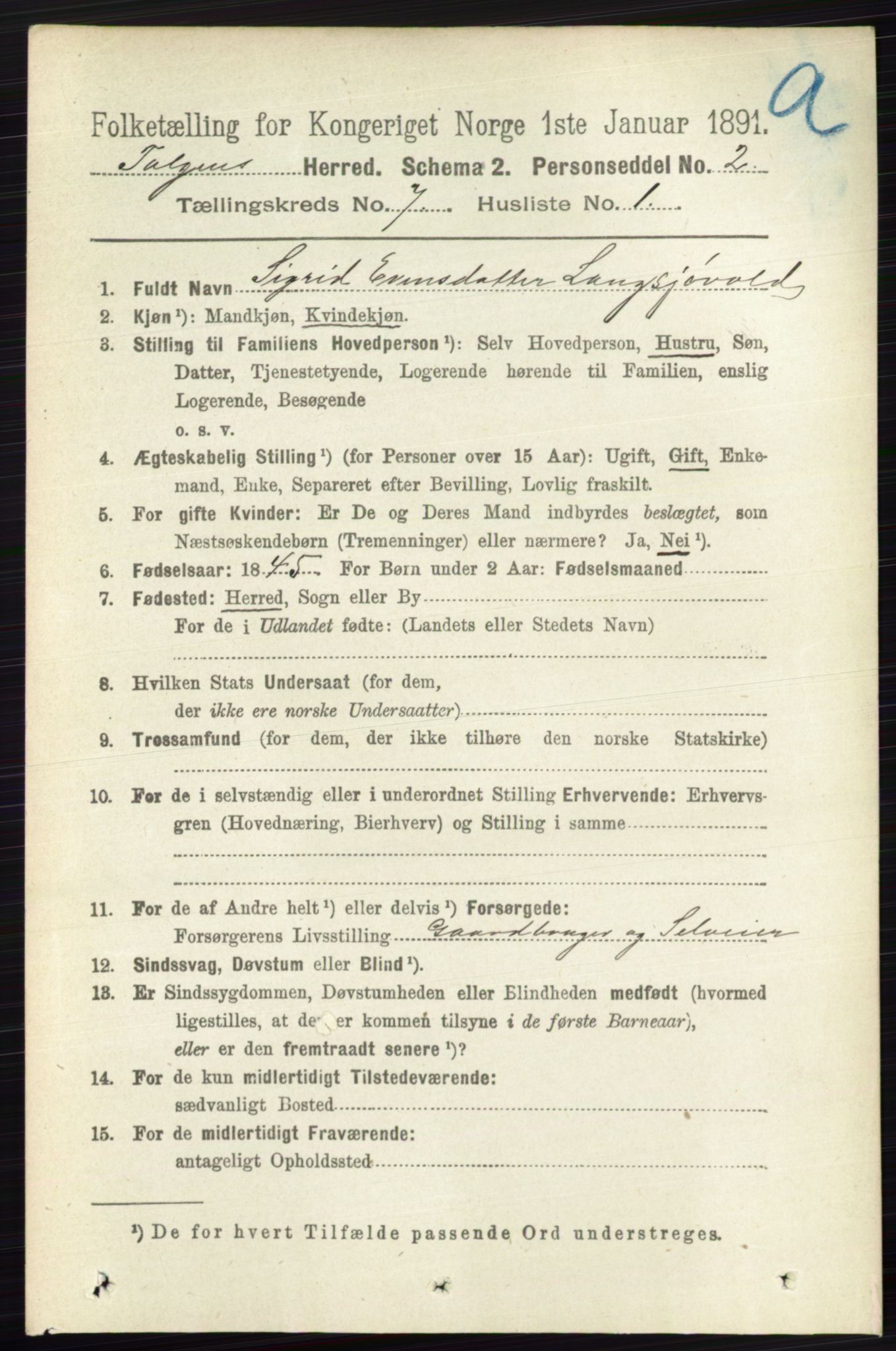 RA, 1891 census for 0436 Tolga, 1891, p. 2024