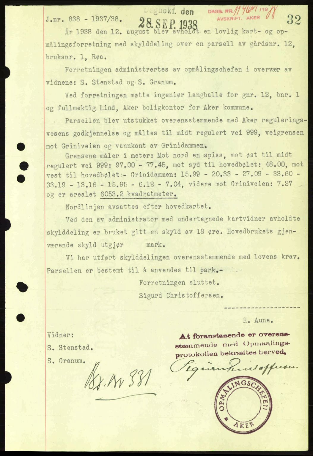 Aker herredsskriveri, SAO/A-10896/G/Gb/Gba/Gbab/L0025: Mortgage book no. A154-155, 1938-1938, Diary no: : 11469/1938