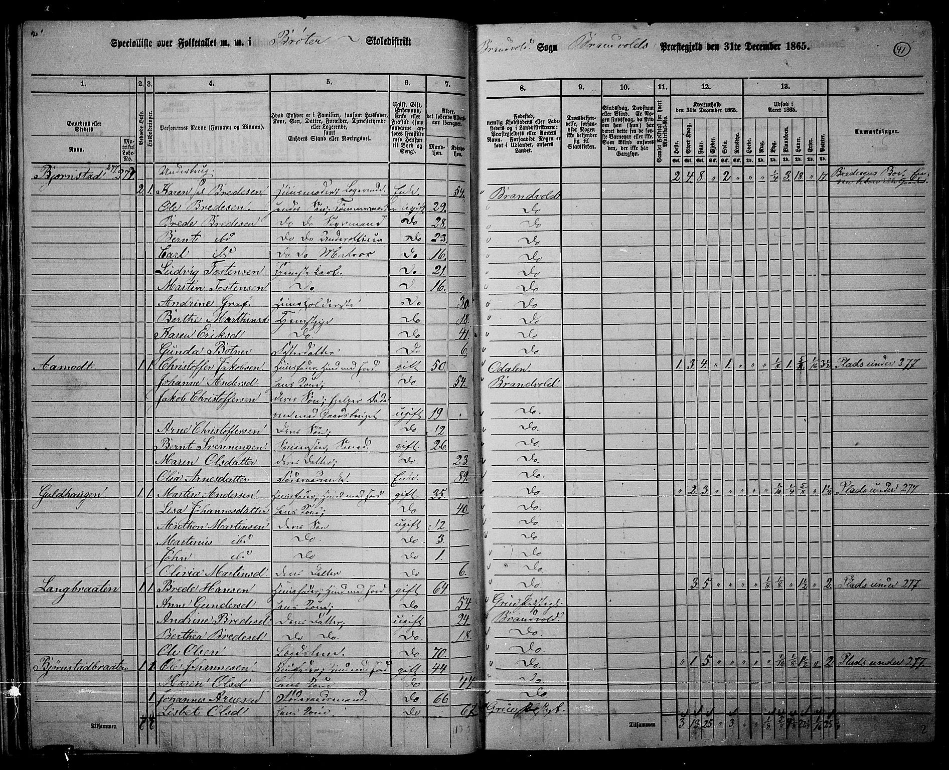 RA, 1865 census for Brandval, 1865, p. 38