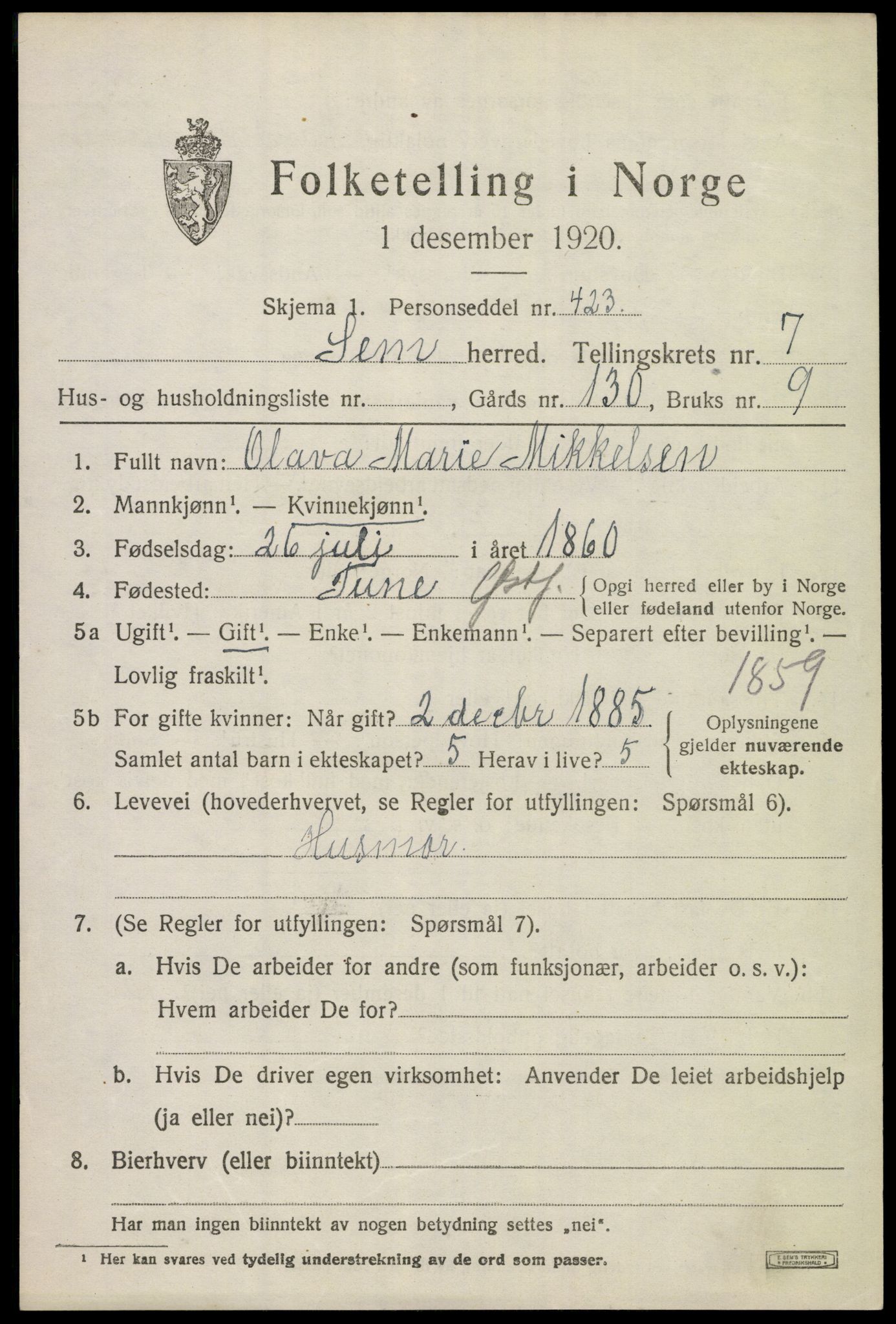 SAKO, 1920 census for Sem, 1920, p. 11189