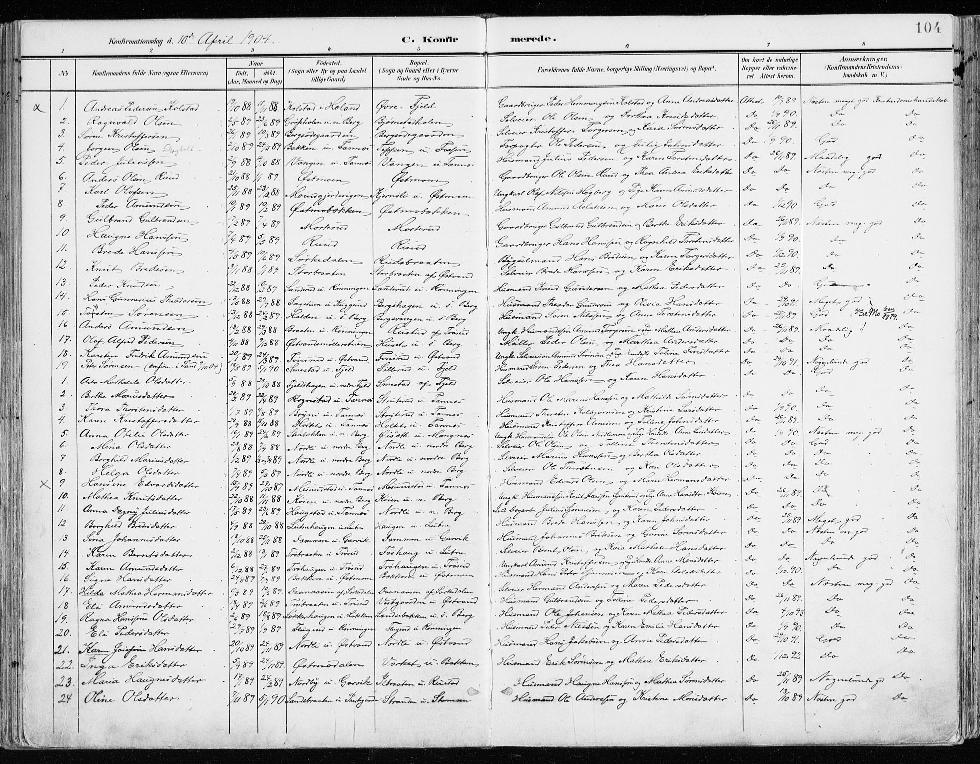 Nord-Odal prestekontor, AV/SAH-PREST-032/H/Ha/Haa/L0009: Parish register (official) no. 9, 1902-1926, p. 104