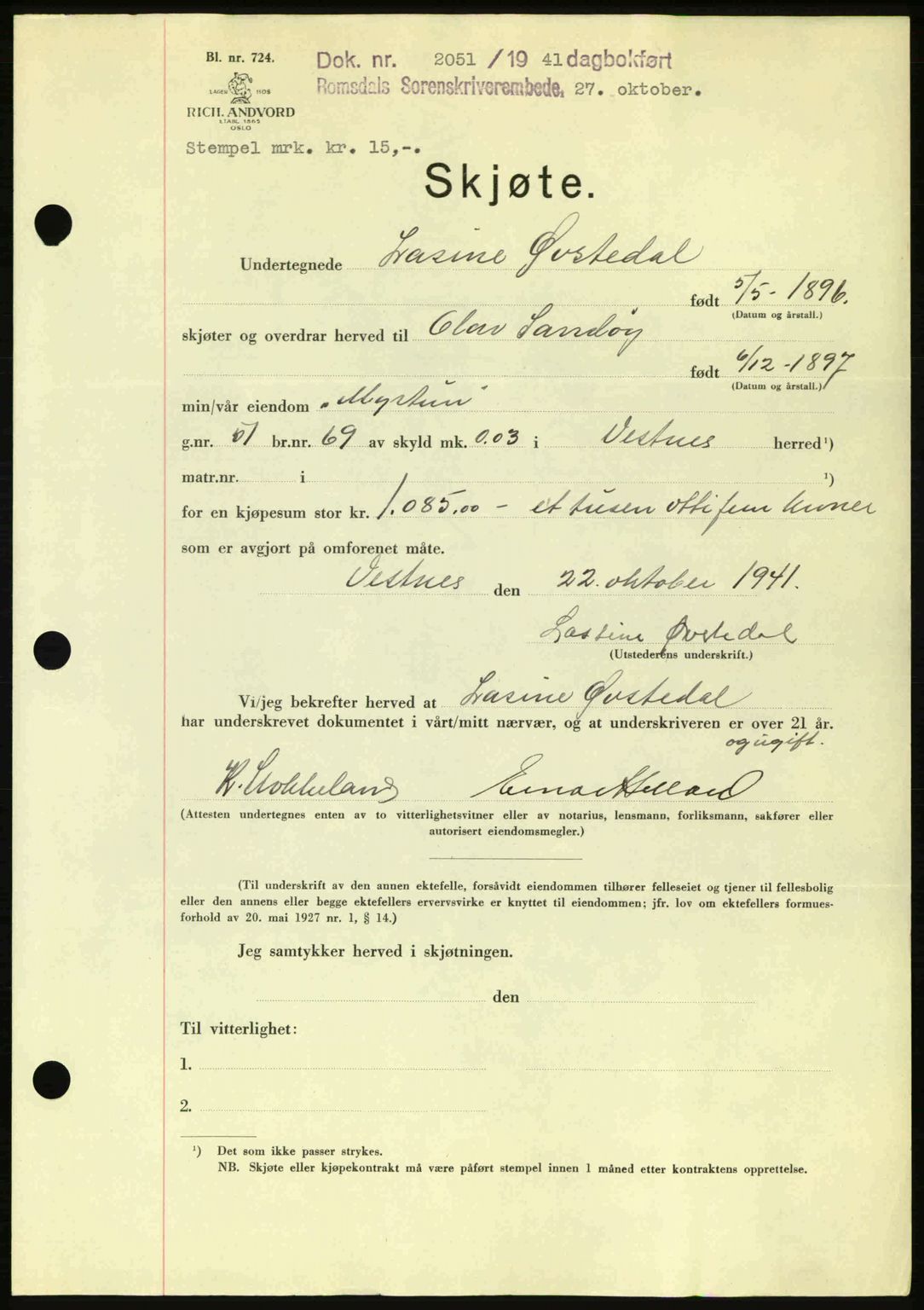 Romsdal sorenskriveri, AV/SAT-A-4149/1/2/2C: Mortgage book no. A11, 1941-1942, Diary no: : 2051/1941