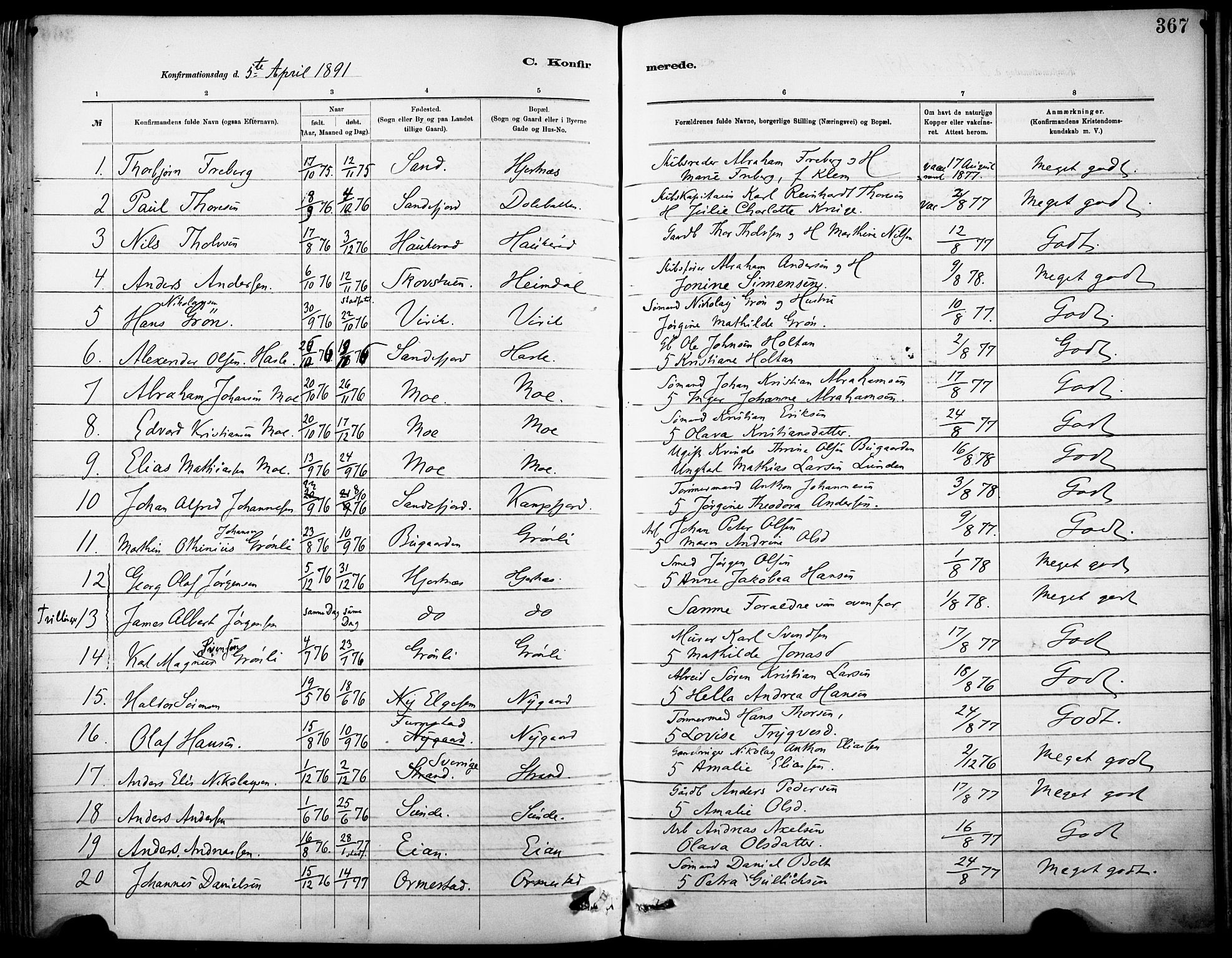 Sandar kirkebøker, SAKO/A-243/F/Fa/L0012: Parish register (official) no. 12, 1883-1895, p. 367