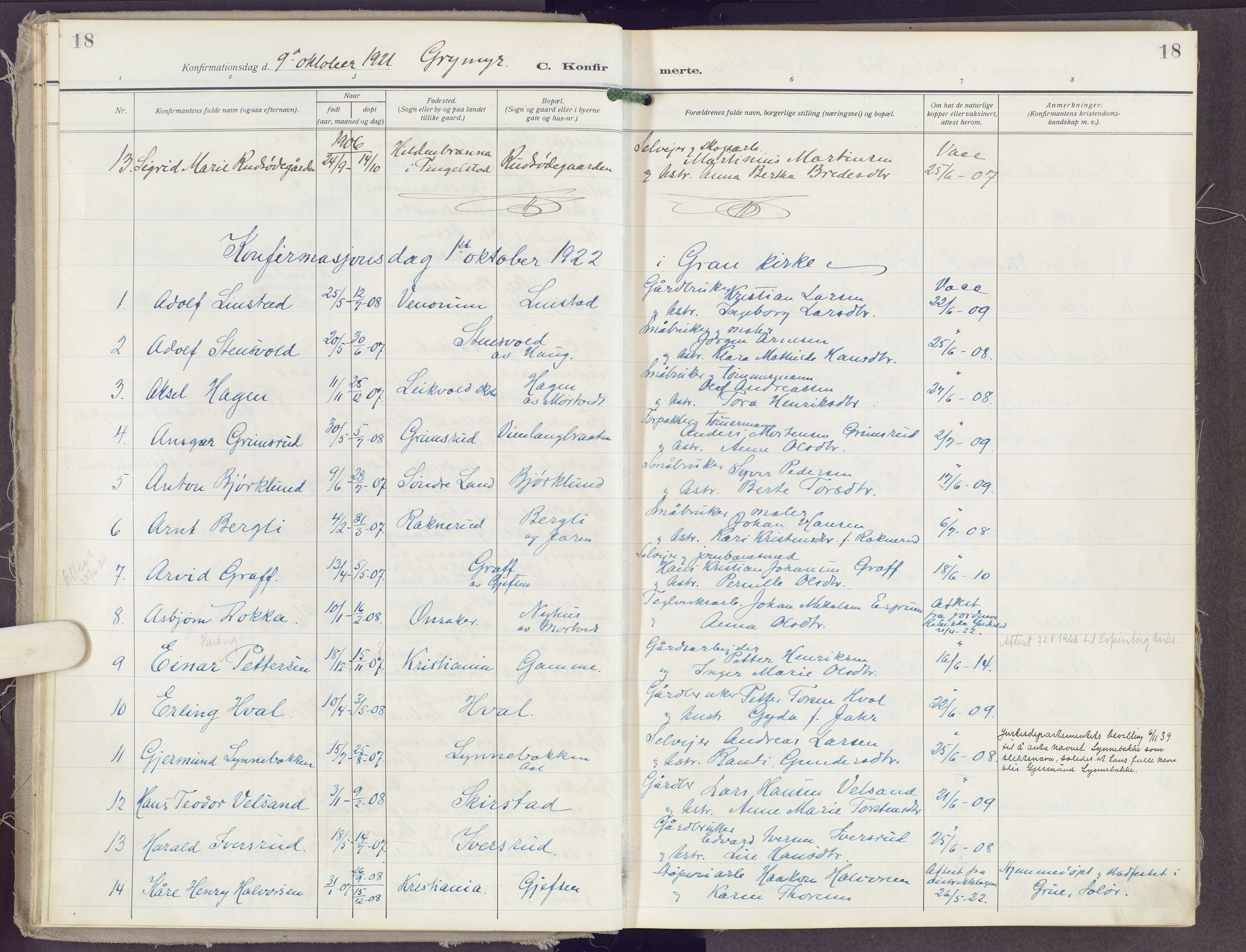 Gran prestekontor, AV/SAH-PREST-112/H/Ha/Haa/L0023: Parish register (official) no. 23, 1919-1938, p. 18