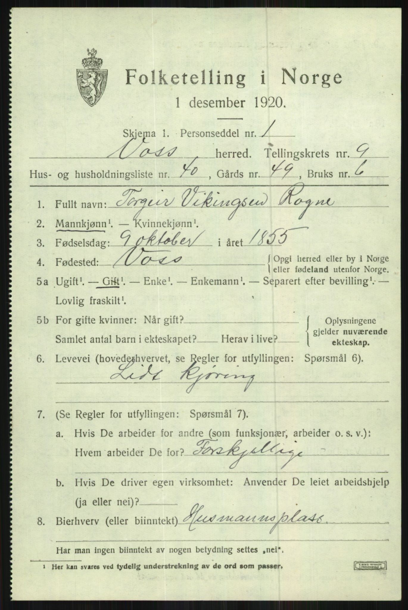 SAB, 1920 census for Voss, 1920, p. 9303