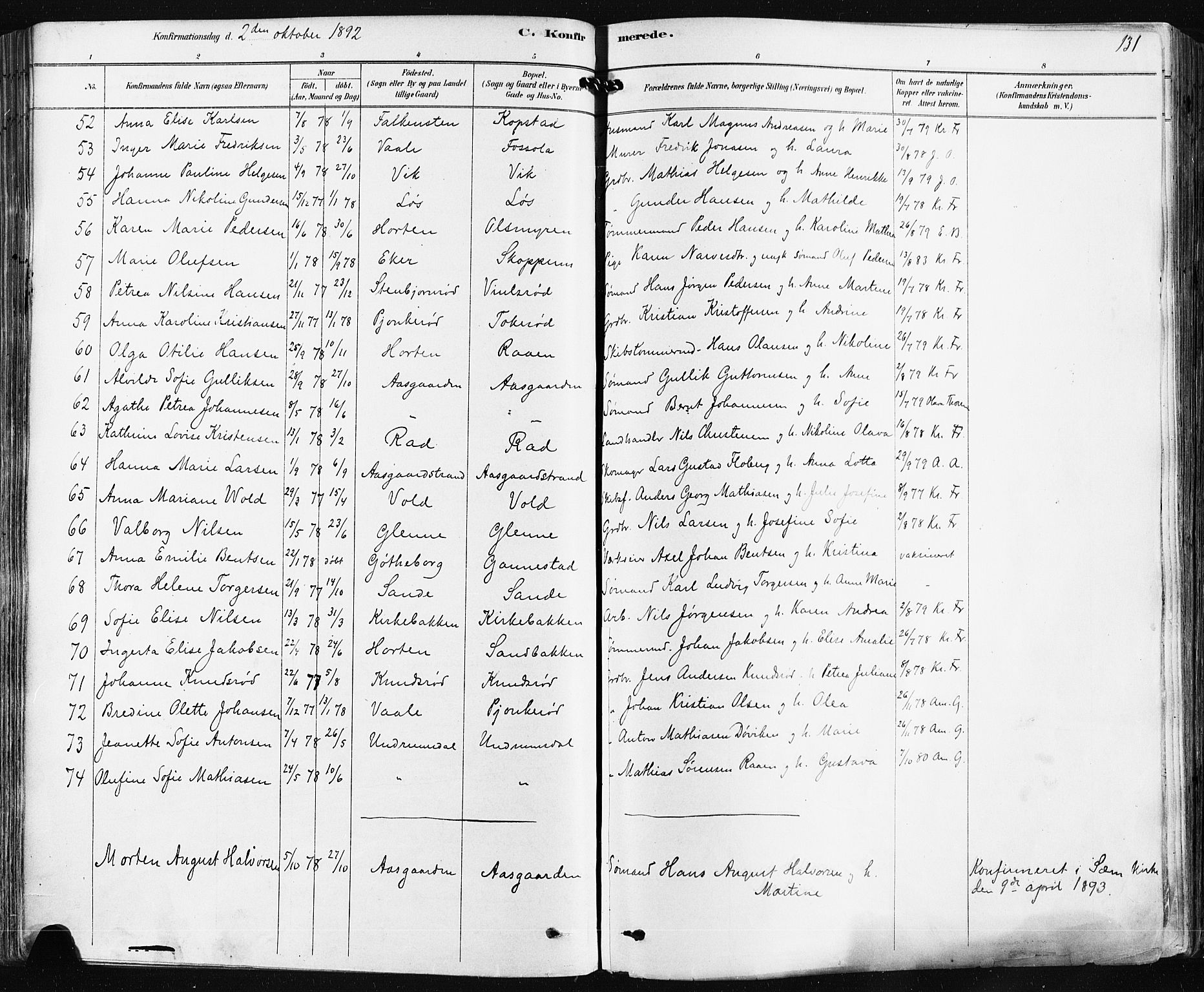 Borre kirkebøker, SAKO/A-338/F/Fa/L0009: Parish register (official) no. I 9, 1878-1896, p. 131