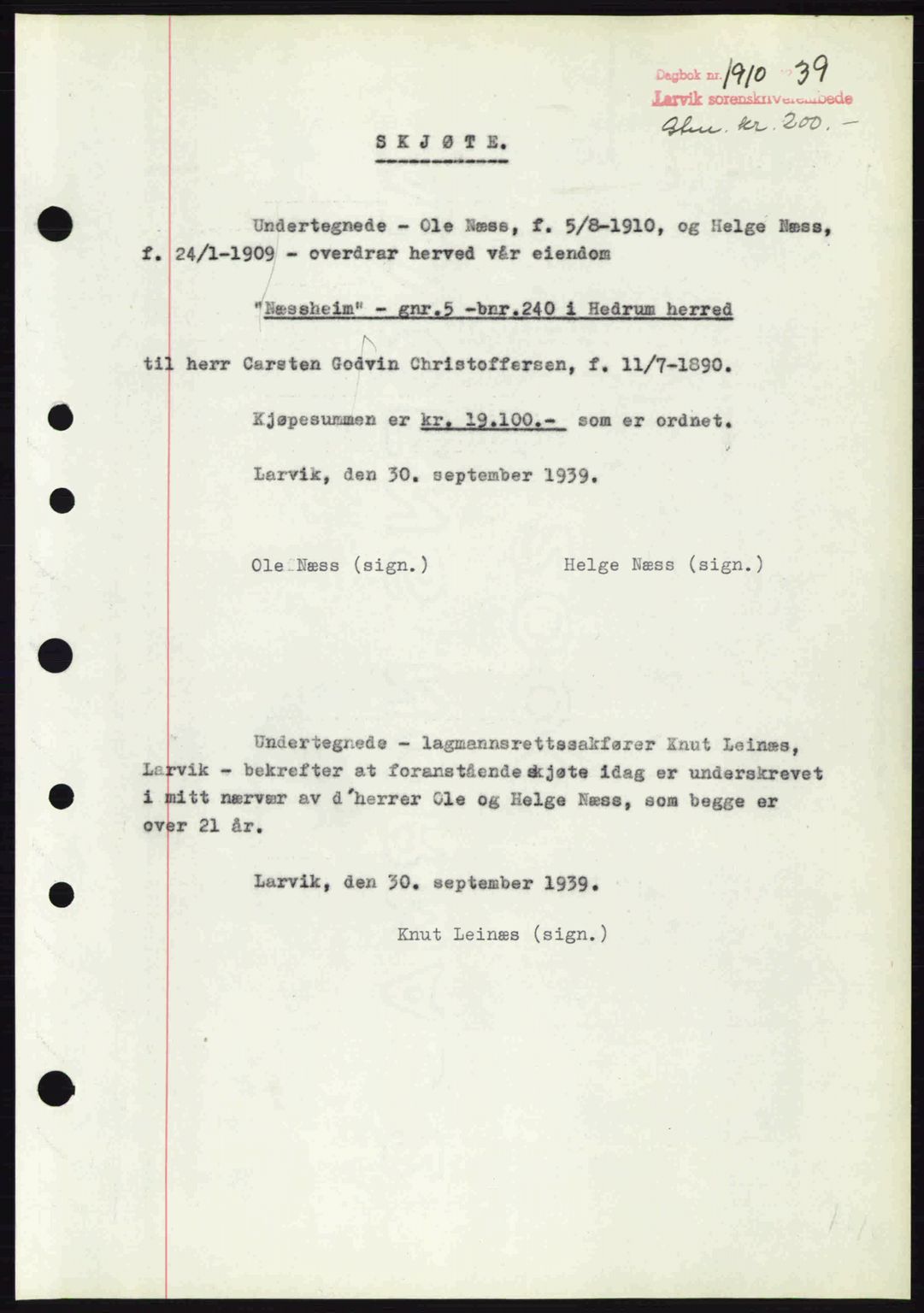 Larvik sorenskriveri, AV/SAKO-A-83/G/Ga/Gab/L0072: Mortgage book no. A-6, 1939-1940, Diary no: : 1910/1939