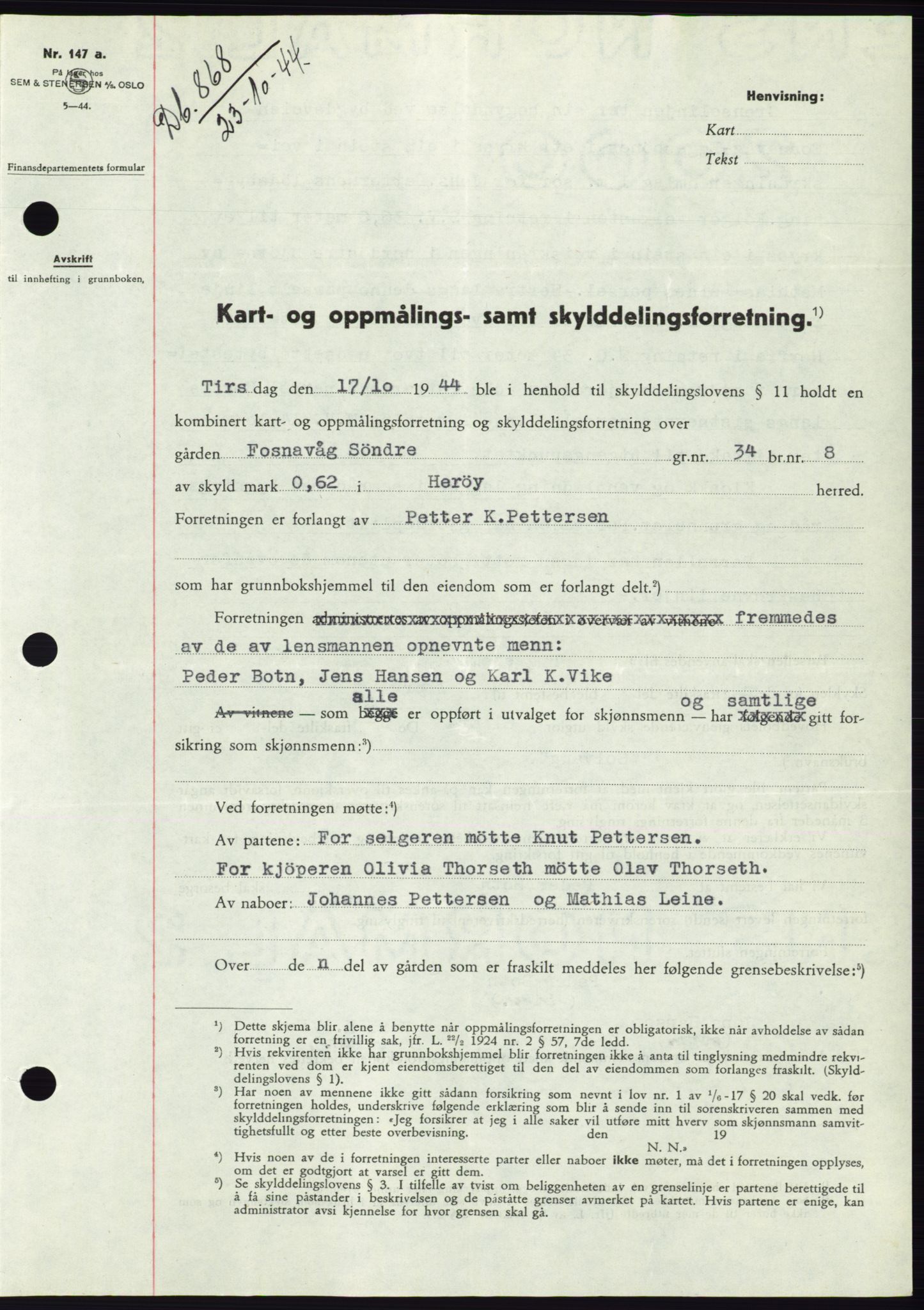 Søre Sunnmøre sorenskriveri, AV/SAT-A-4122/1/2/2C/L0076: Mortgage book no. 2A, 1943-1944, Diary no: : 868/1944