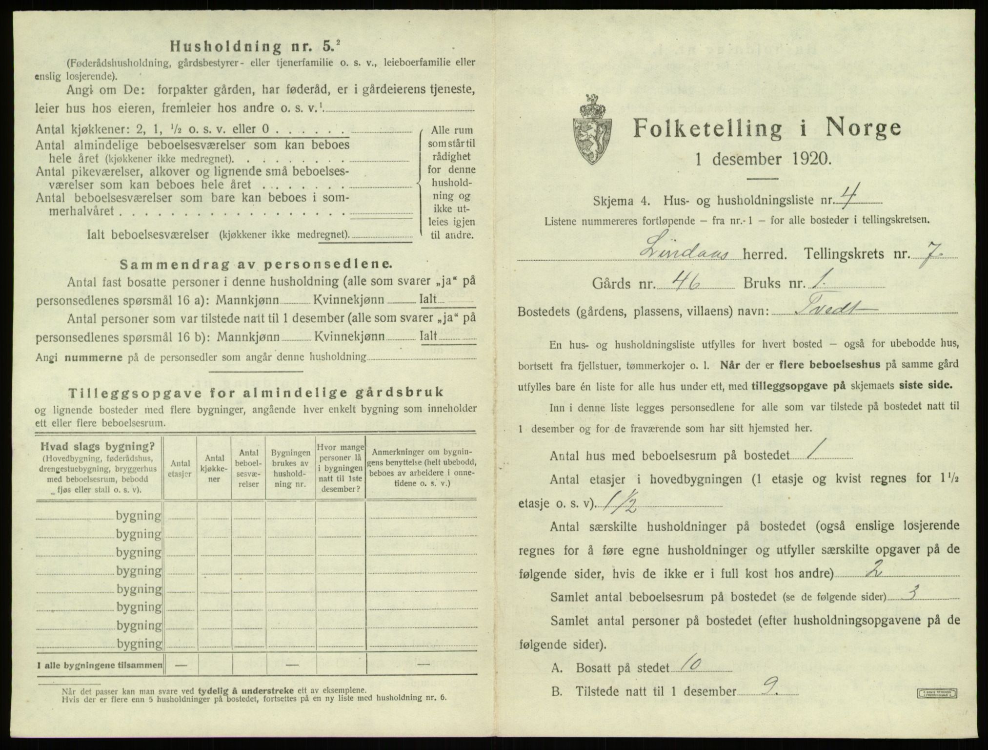 SAB, 1920 census for Lindås, 1920, p. 475