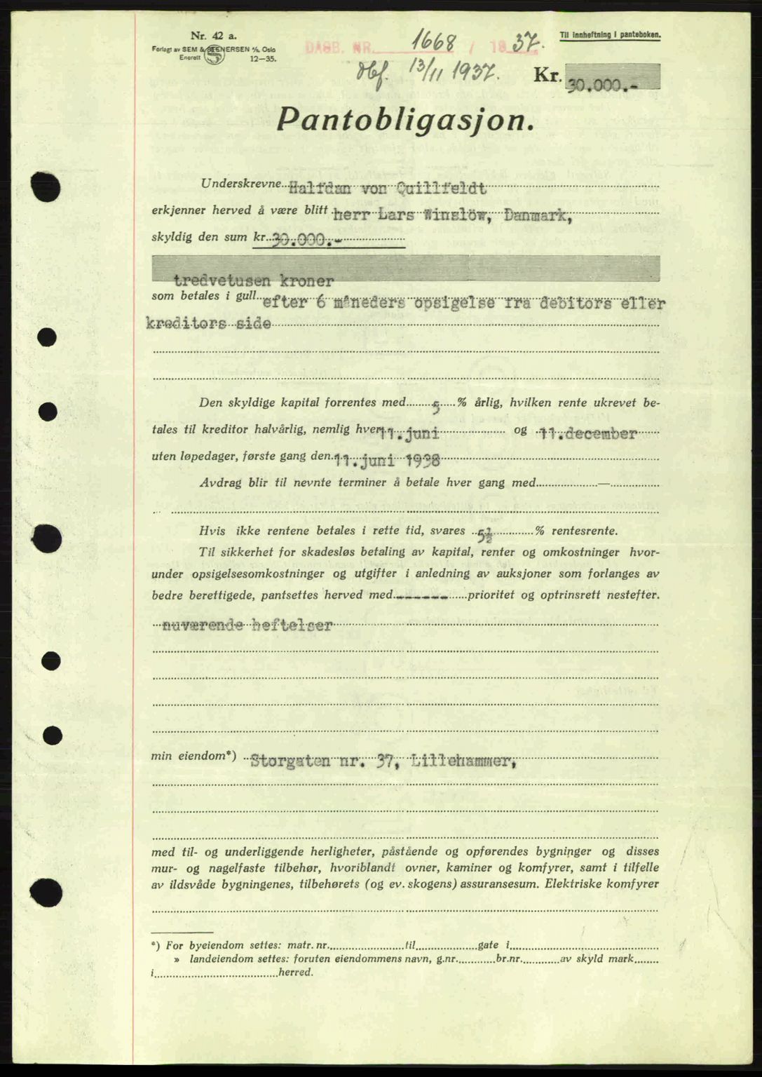 Sør-Gudbrandsdal tingrett, SAH/TING-004/H/Hb/Hbe/L0001: Mortgage book no. B1, 1936-1939, Diary no: : 1668/1937