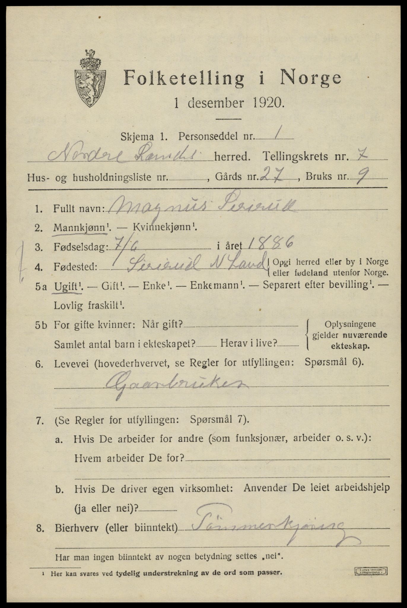 SAH, 1920 census for Nordre Land, 1920, p. 4746