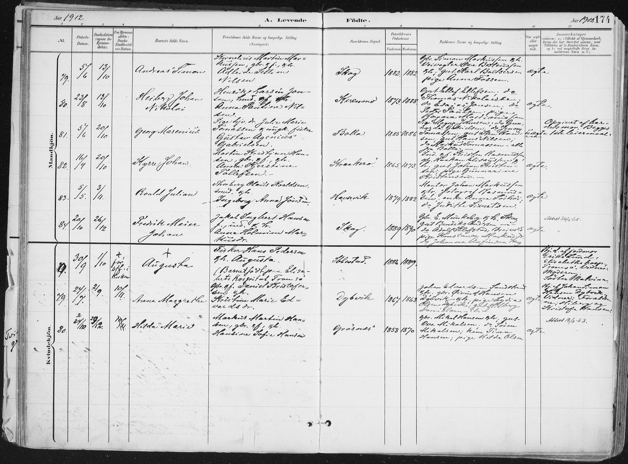 Ibestad sokneprestembete, SATØ/S-0077/H/Ha/Haa/L0017kirke: Parish register (official) no. 17, 1901-1914, p. 174