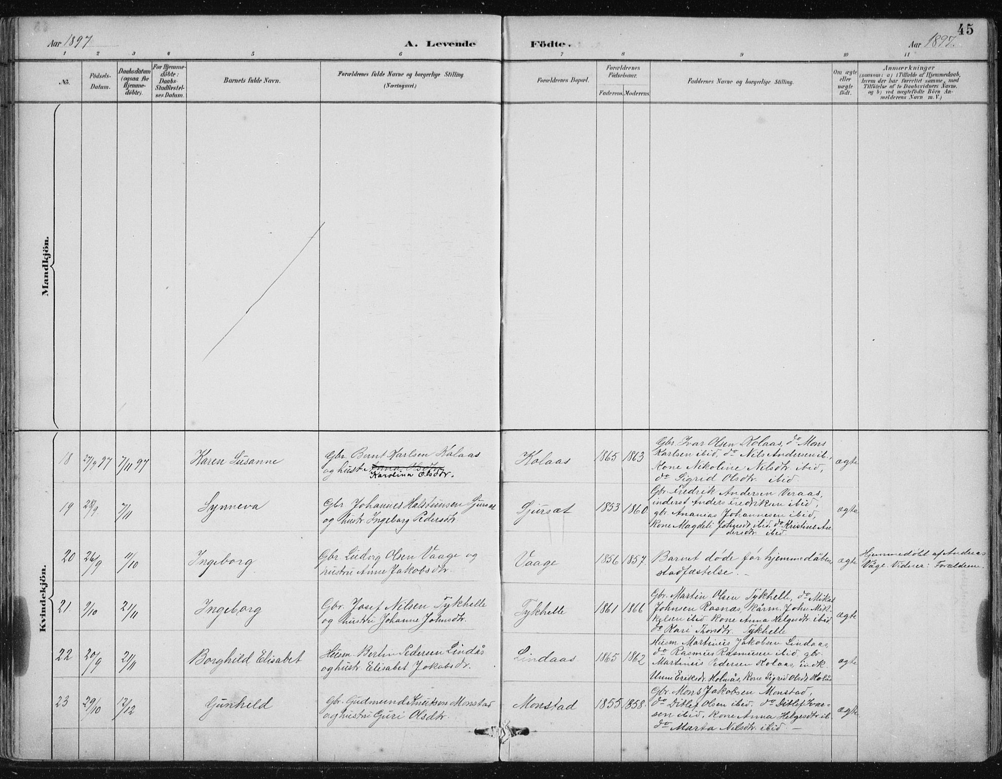 Lindås Sokneprestembete, AV/SAB-A-76701/H/Hab/Habb/L0003: Parish register (copy) no. B 3, 1886-1914, p. 45