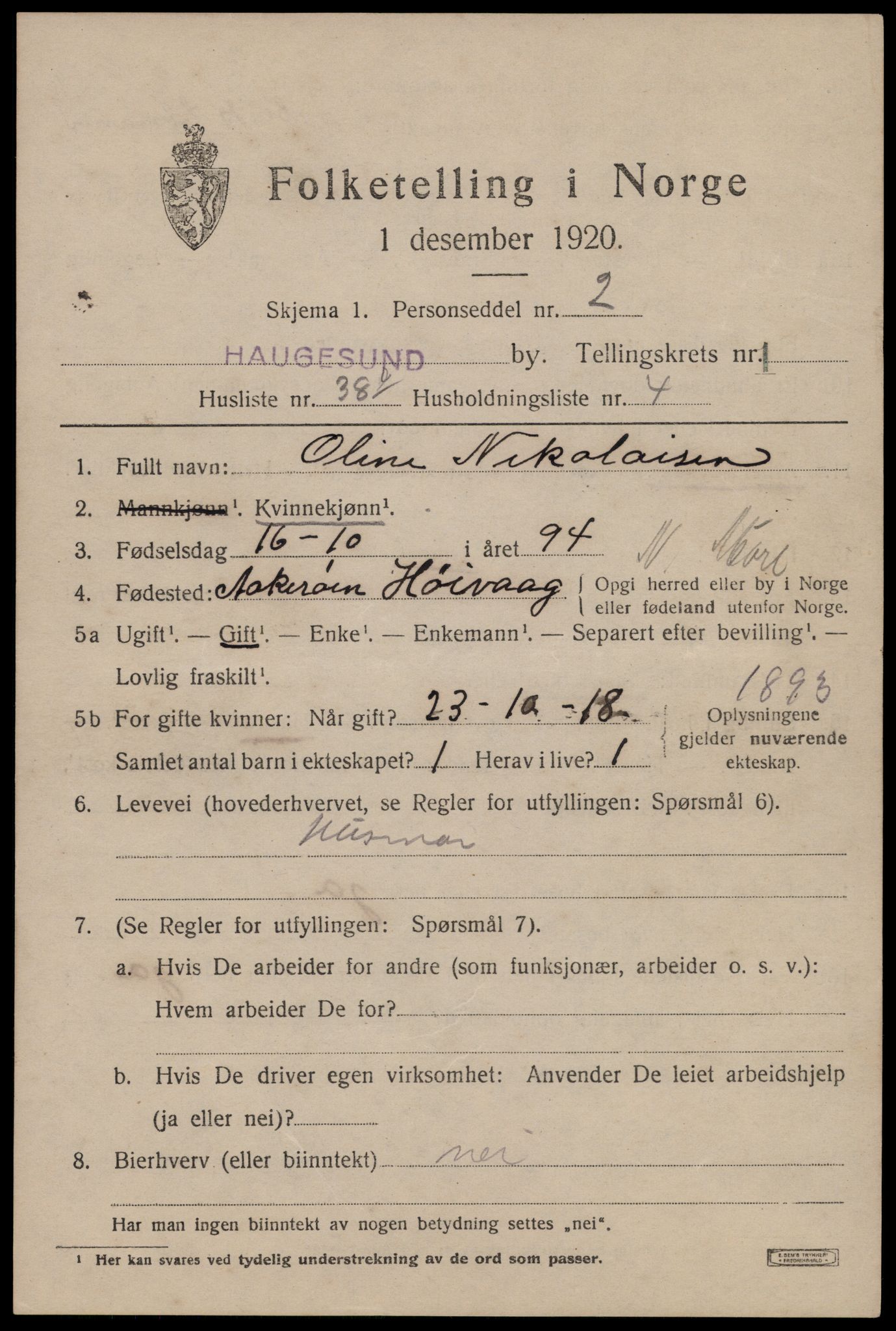 SAST, 1920 census for Haugesund, 1920, p. 12129