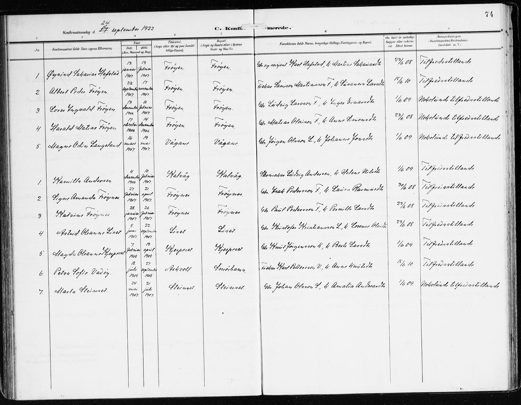 Bremanger sokneprestembete, SAB/A-82201/H/Haa/Haab/L0003: Parish register (official) no. B 3, 1908-1925, p. 74