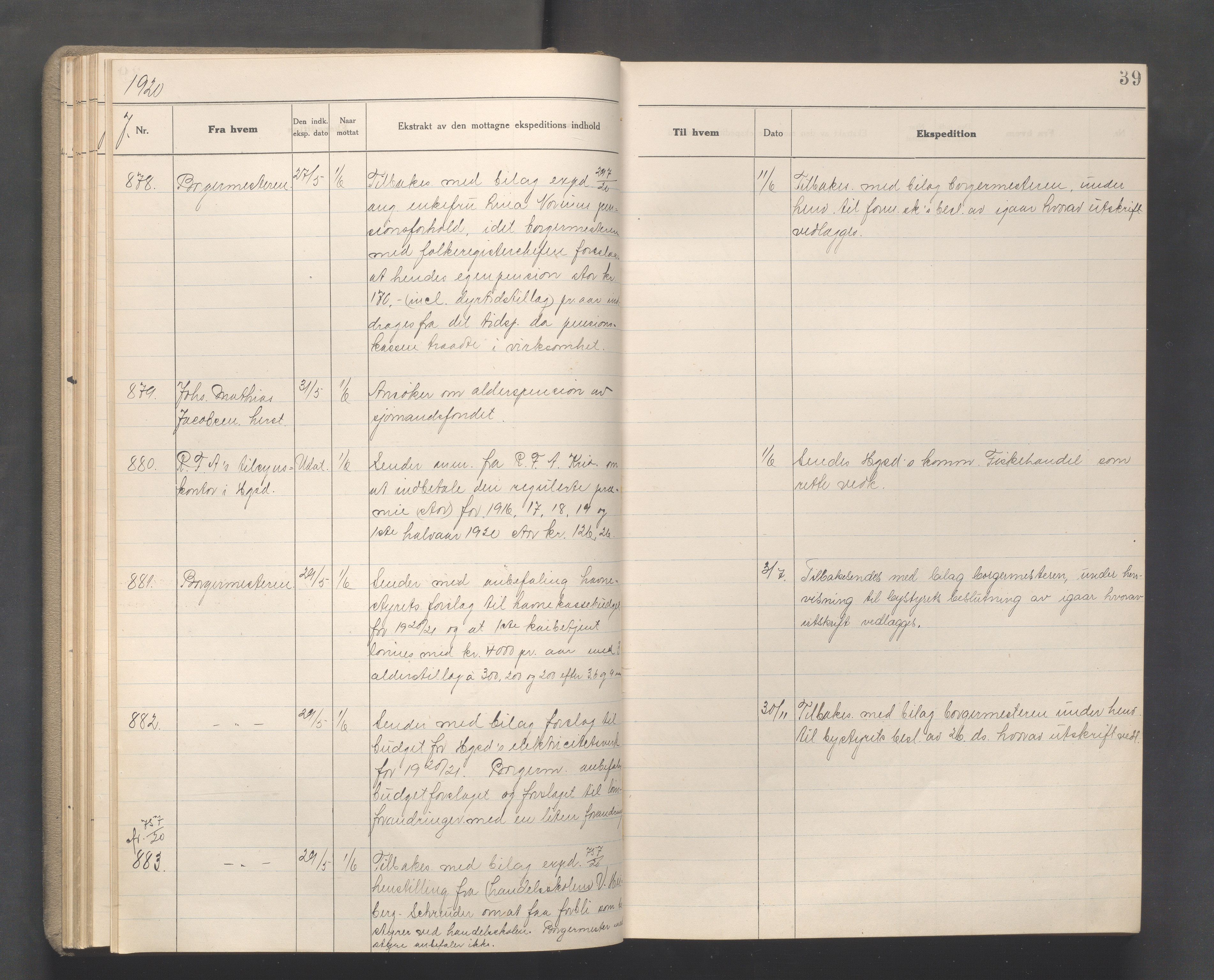 Haugesund kommune - Formannskapet, IKAR/X-0001/C/L0010: Journal, 1920-1921, p. 39