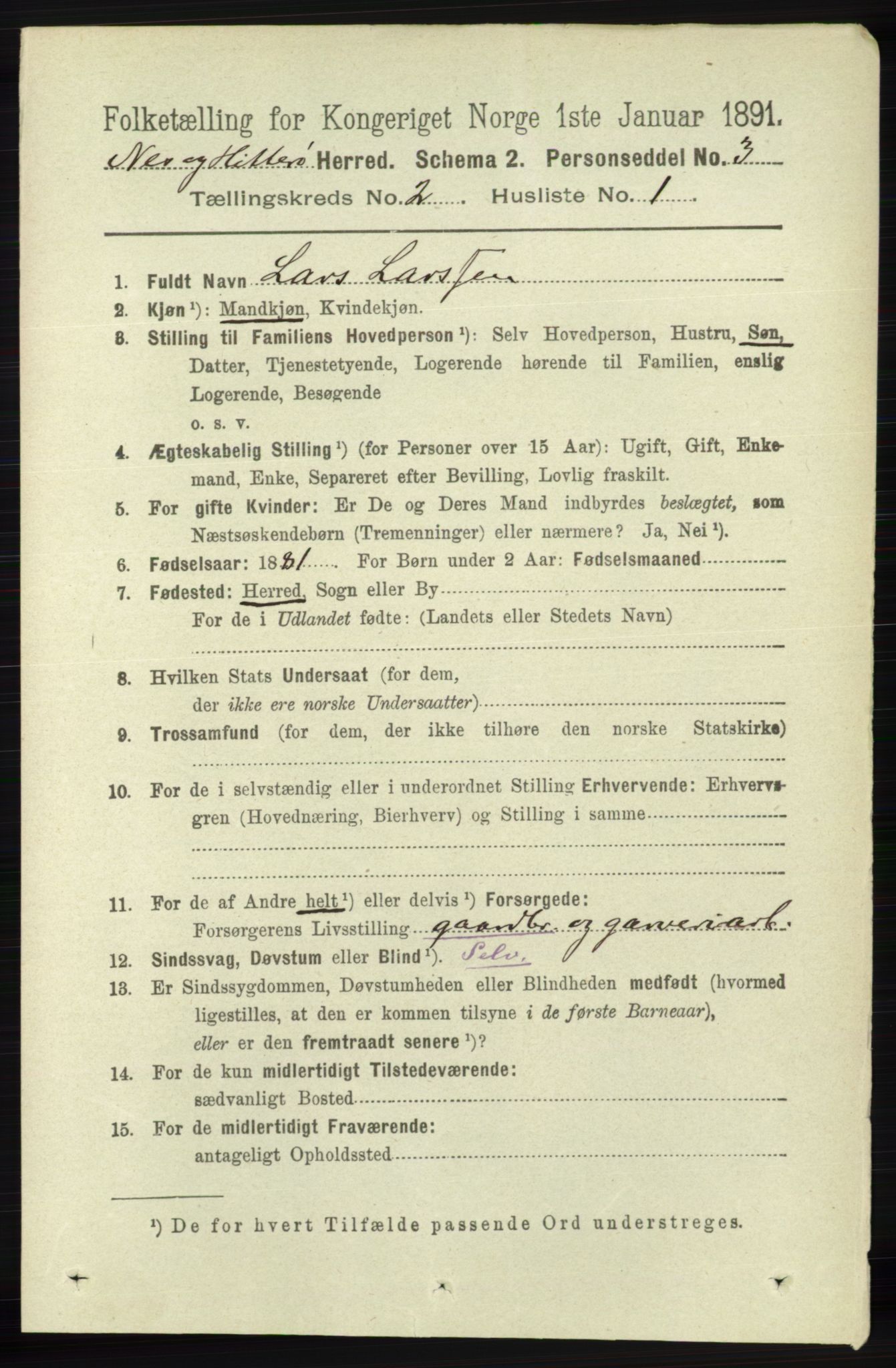 RA, 1891 census for 1043 Hidra og Nes, 1891, p. 536