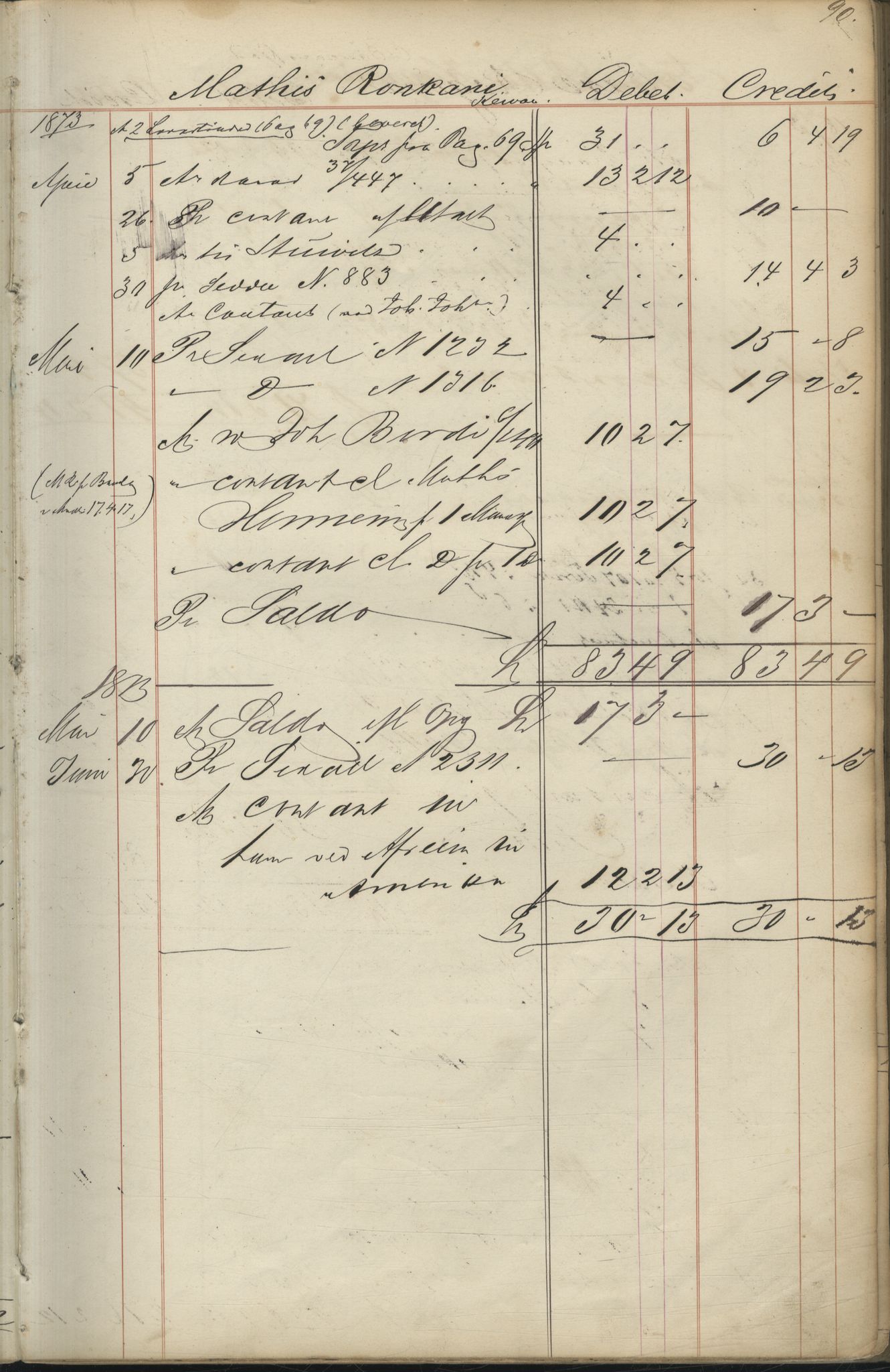 Brodtkorb handel A/S, VAMU/A-0001/F/Fc/L0001/0001: Konto for kvener og nordmenn på Kolahalvøya  / Conto for Kvæner og Nordmænd paa Russefinmarken No 1, 1868-1894, p. 90